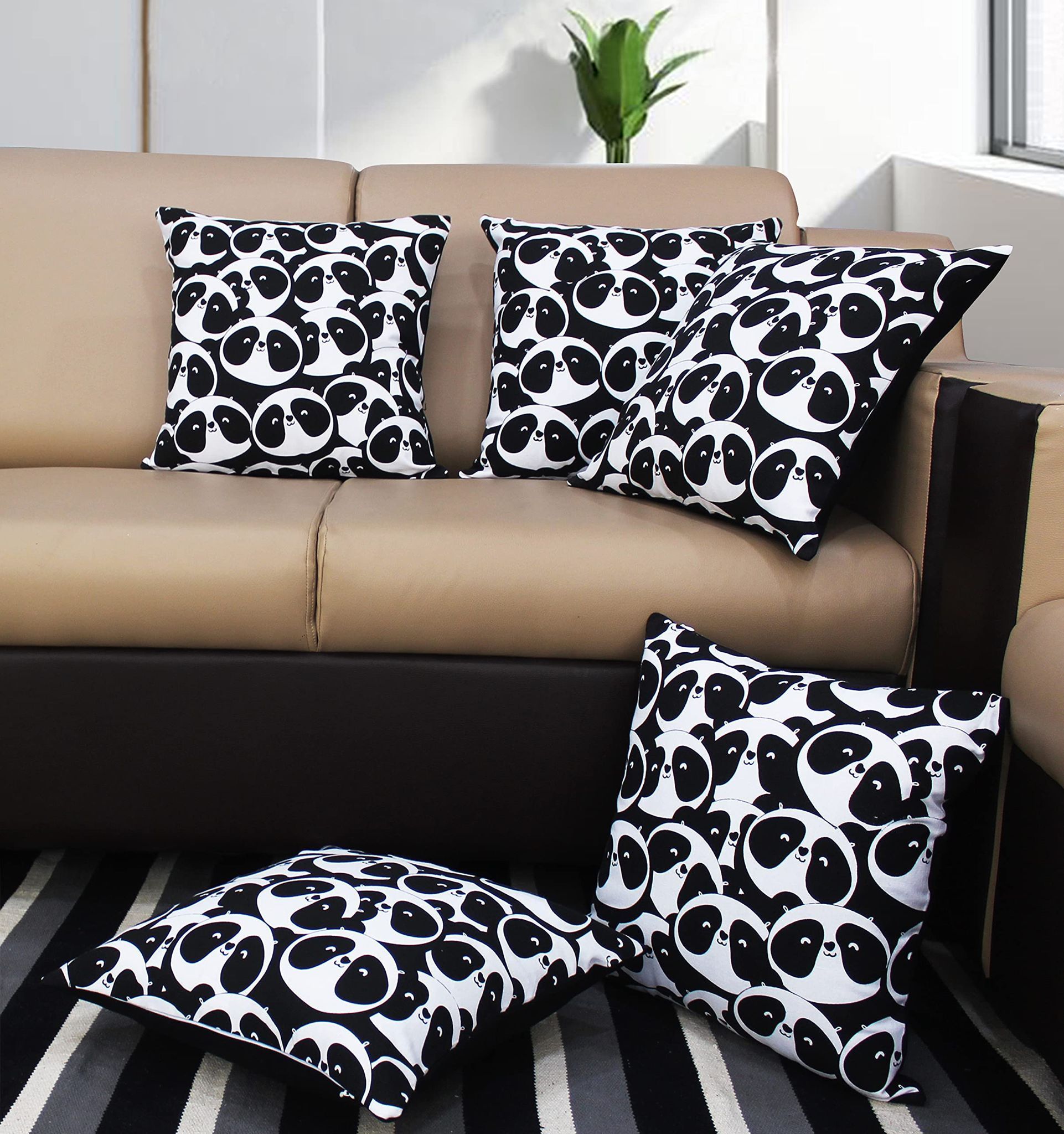 AIRWILL Cotton Panda Themed Cushion Covers for Cushions & Pillows (Black/White, Pack of 5)
