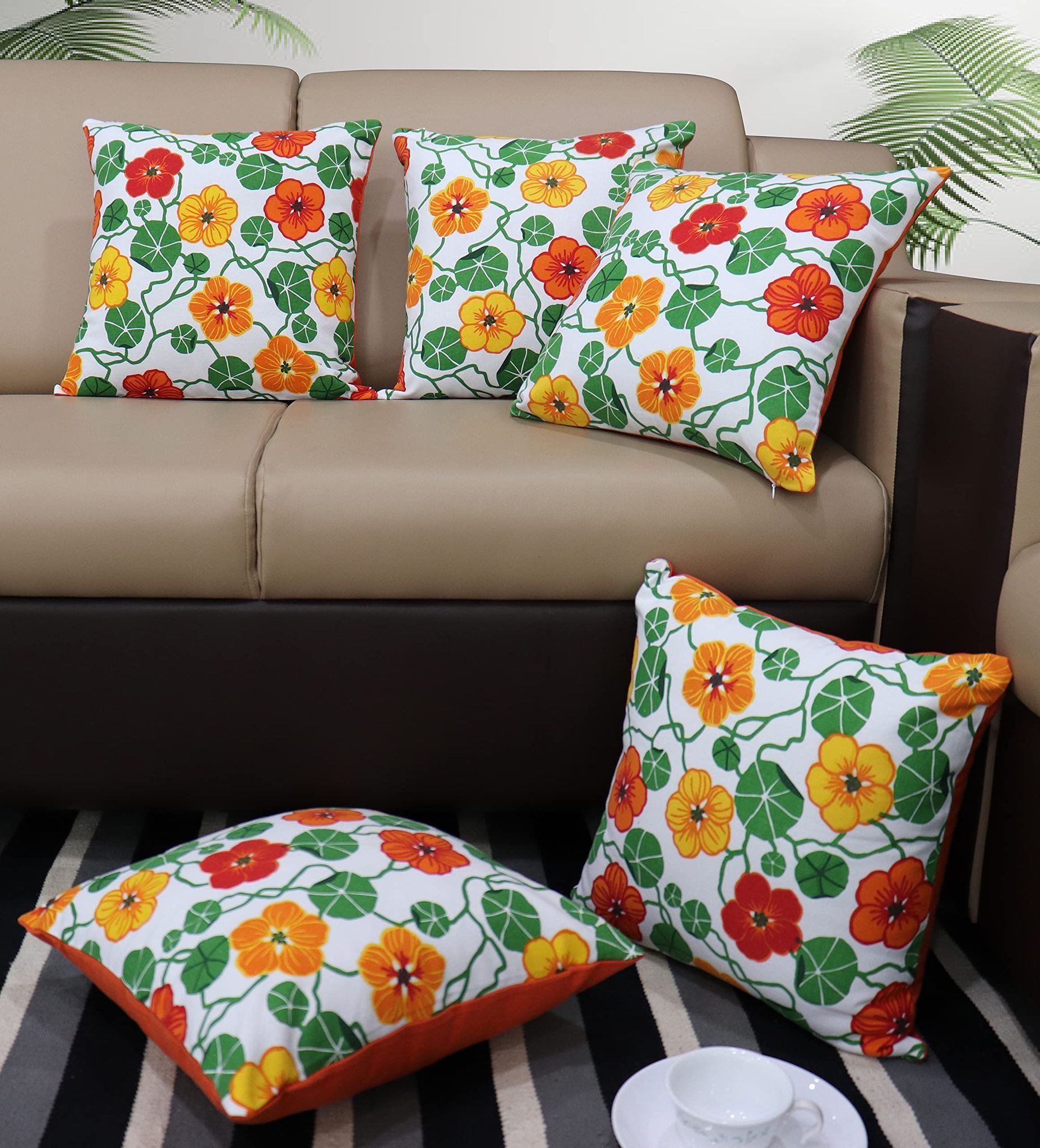 AIRWILL Cotton Green & Orange Flower Themed Cushion Covers for Cushions & Pillows (Red & Yellow, Pack of 5)