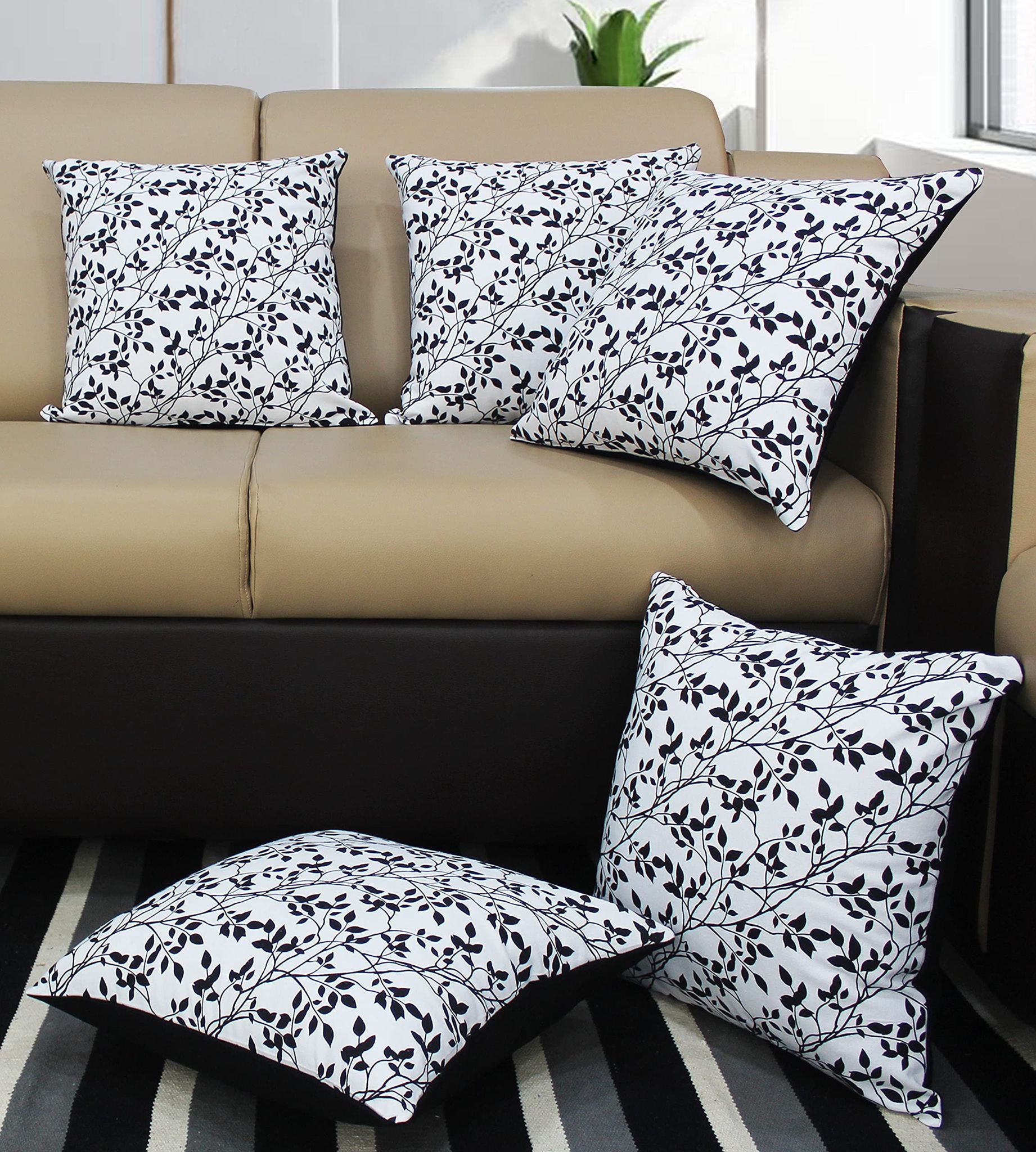 AIRWILL Cotton Small Leaf Themed Cushion Covers for Cushions & Pillows (Black & White, Pack of 5)