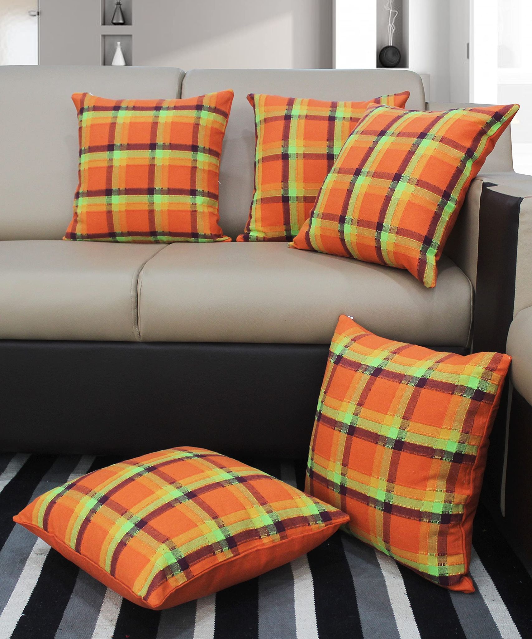 AIRWILL Cotton Iron Dobby Orange Themed Cushion Covers for Cushions & Pillows (Orange & Brown, Pack of 5)