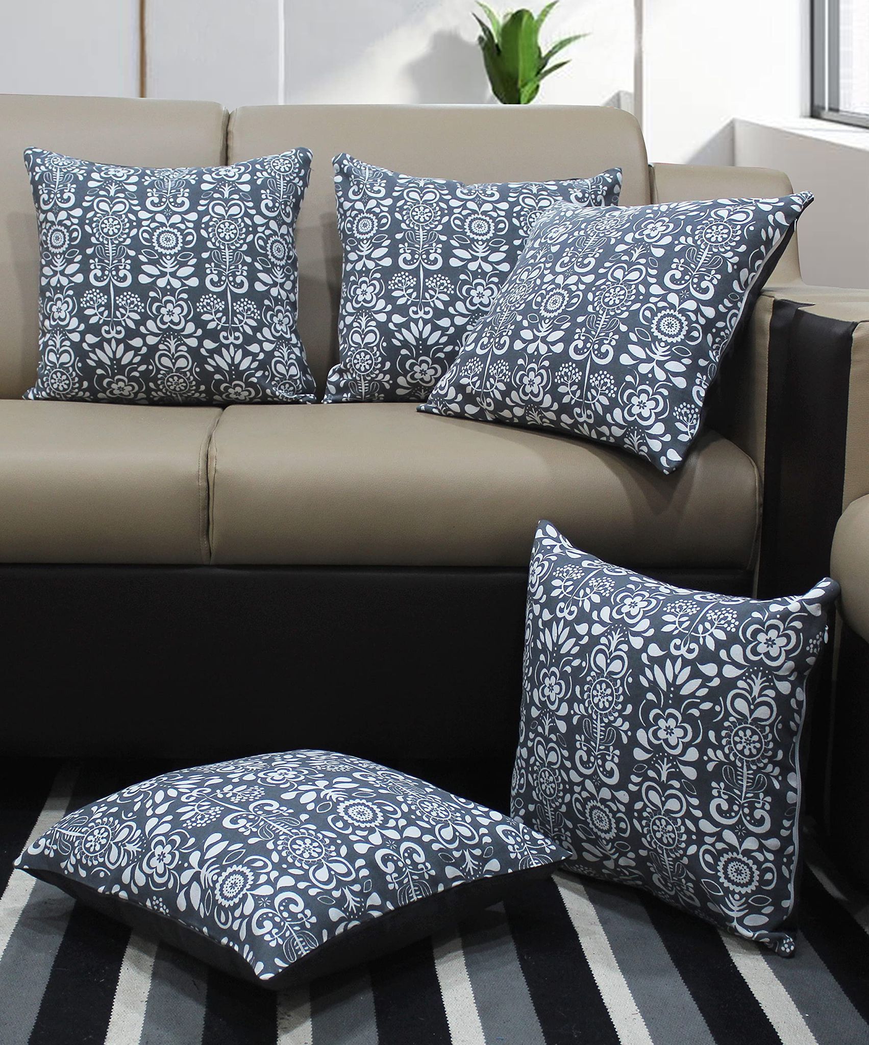 AIRWILL Cotton Grey Damask Themed Cushion Covers for Cushions & Pillows (Grey & White, Pack of 5)