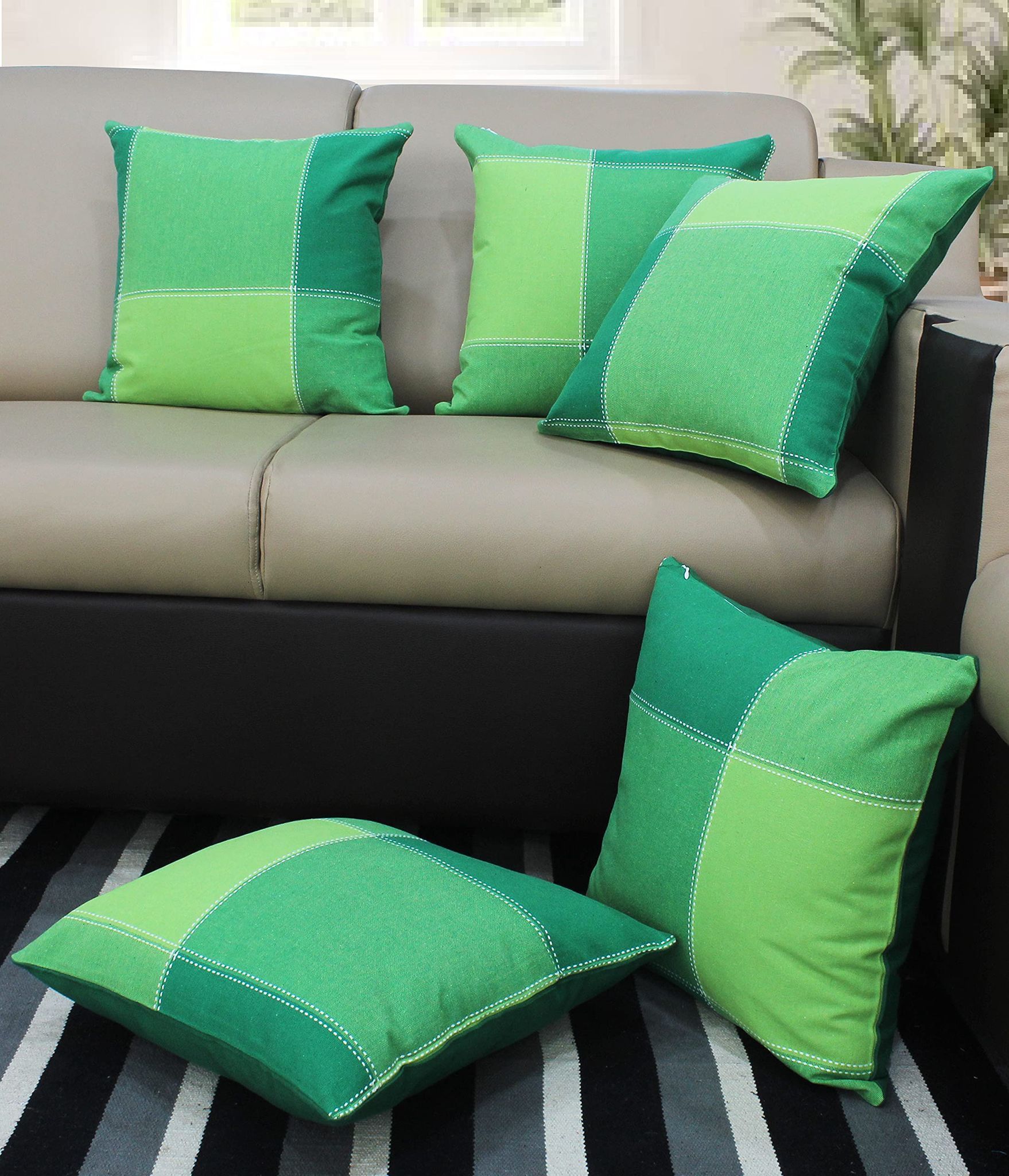 AIRWILL Cotton 4-Way Dobby Green Themed Cushion Covers for Cushions & Pillows (Green, Pack of 5)