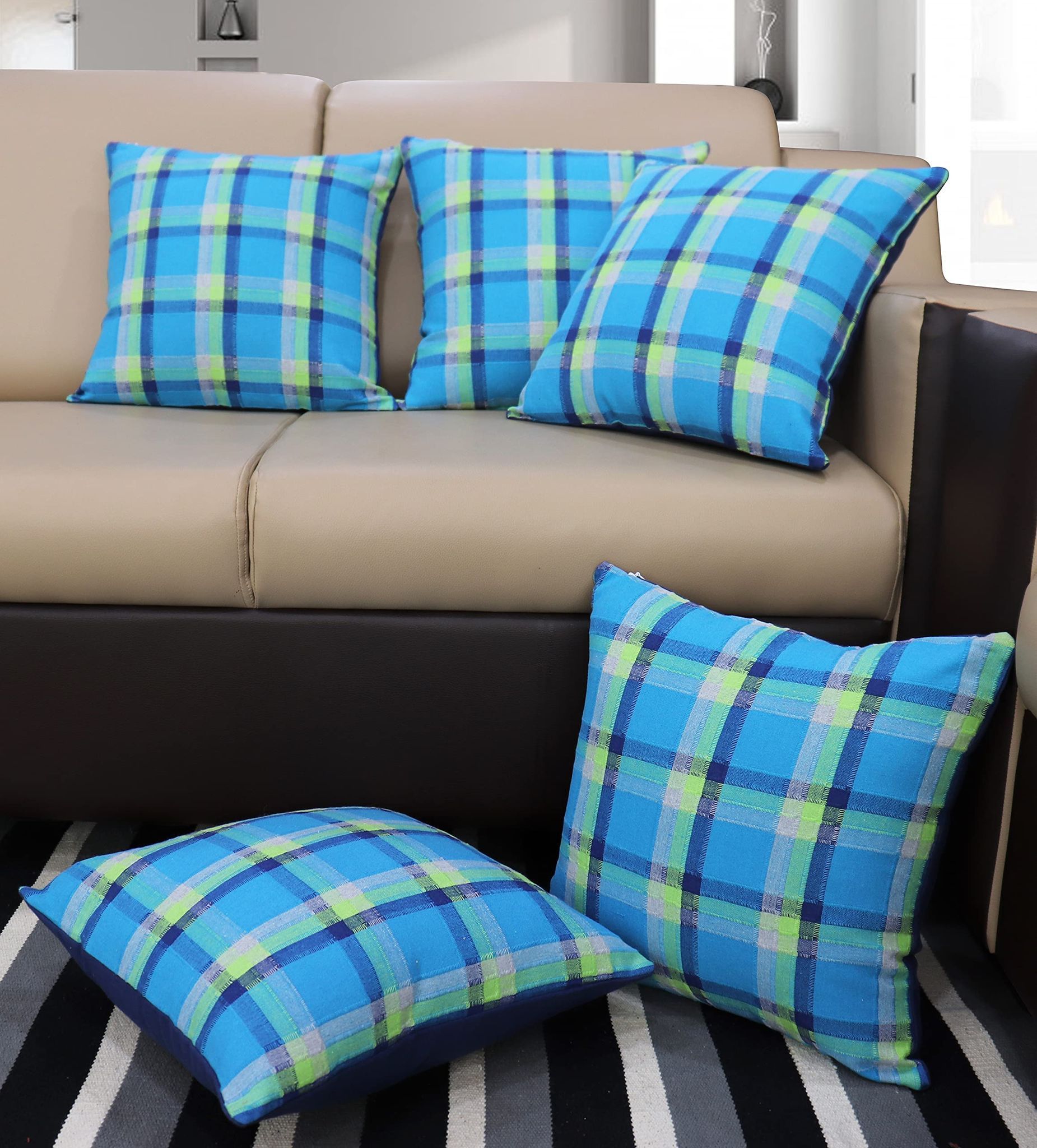 AIRWILL Cotton Iron Dobby Blue Themed Cushion Covers for Cushions & Pillows (Blue & Yellow, Pack of 5)