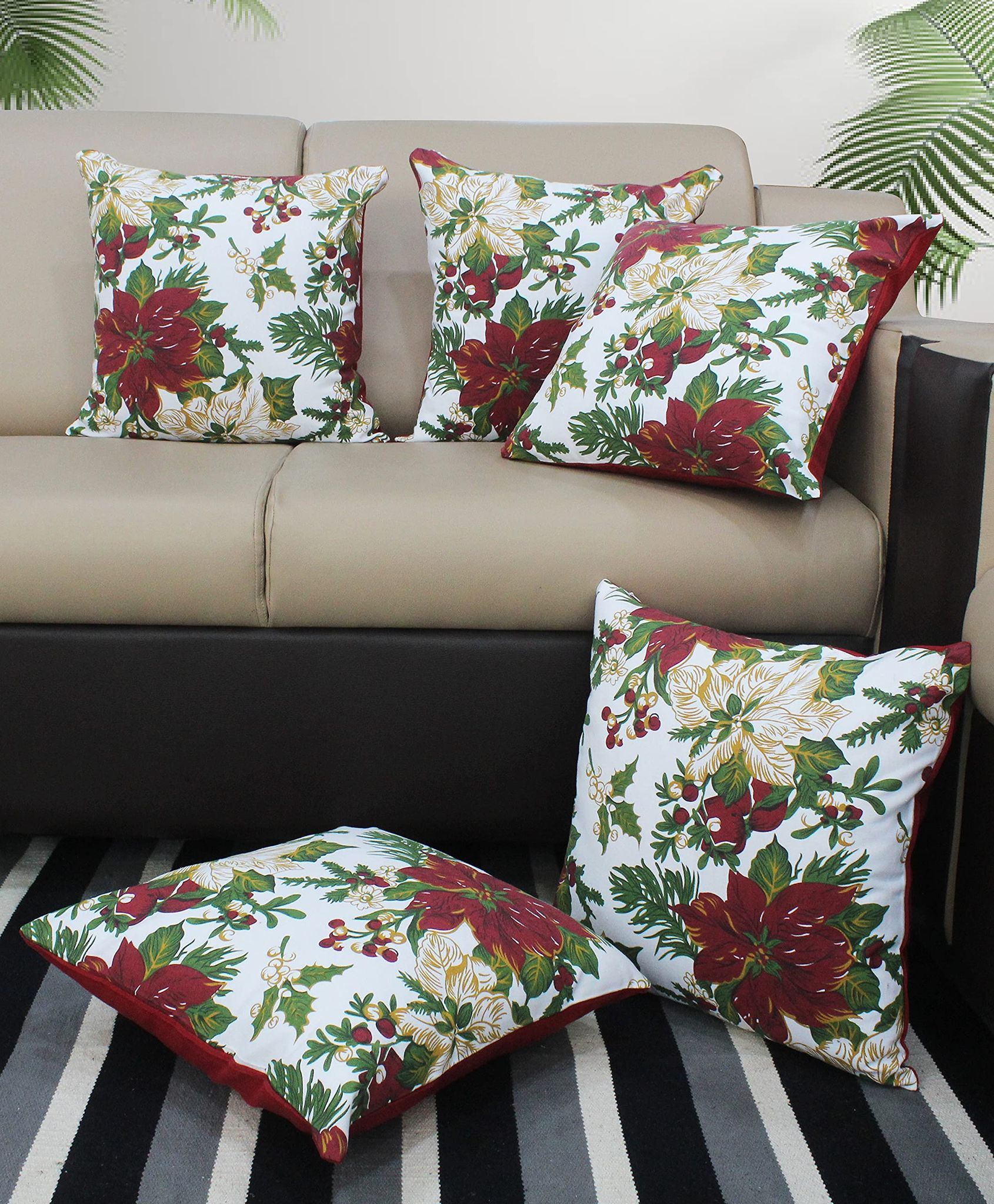 AIRWILL Cotton Maroon Flower Themed Cushion Covers for Cushions & Pillows (Maroon & Yellow, Pack of 5)