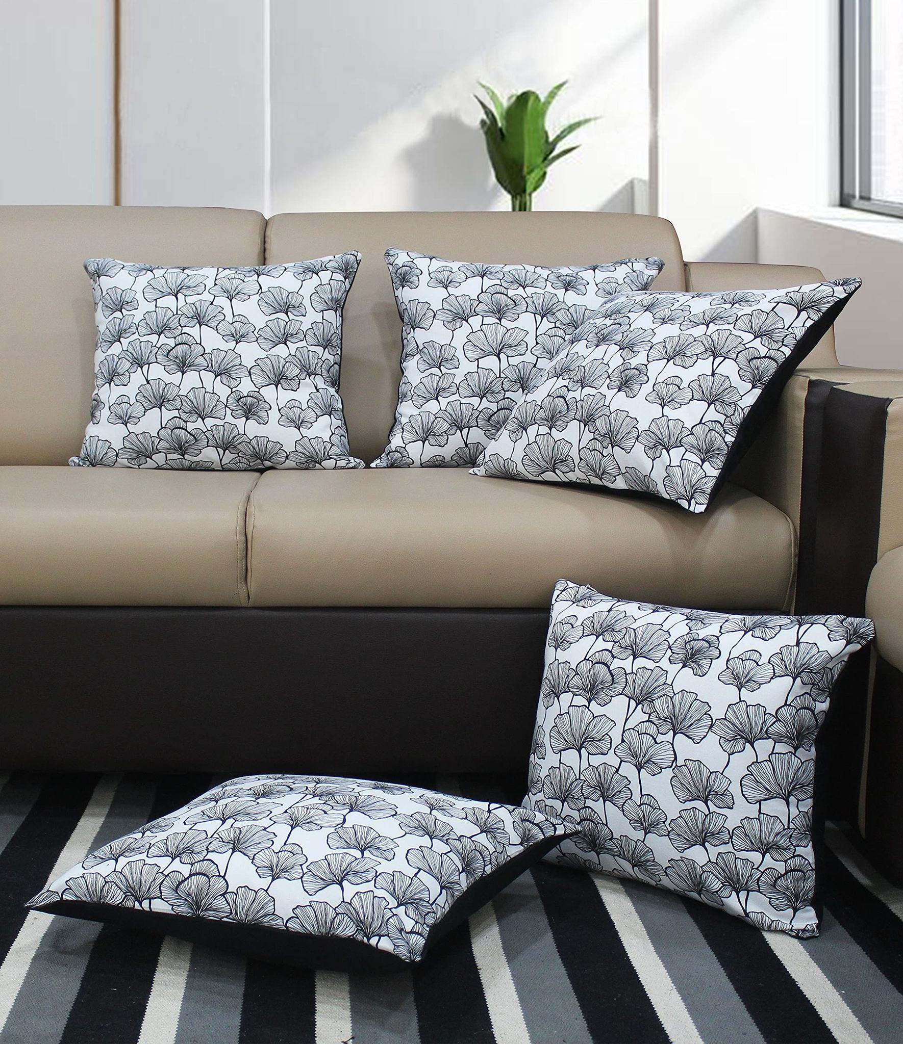 AIRWILL Cotton Single Leaf Black Themed Cushion Covers for Cushions & Pillows (Black-White, Pack of 5)