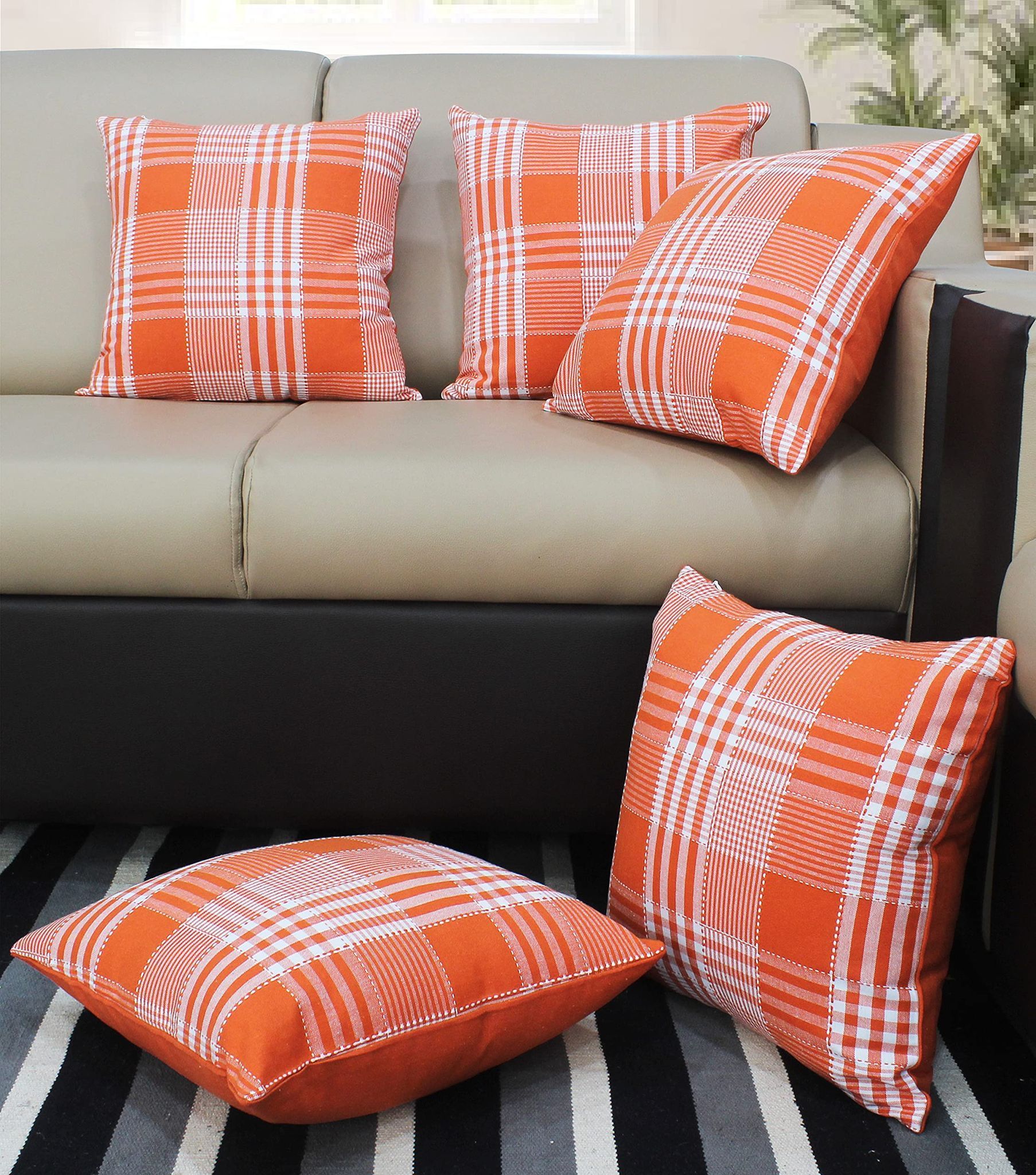 AIRWILL Cotton Track Dobby Orange Themed Cushion Covers for Cushions & Pillows (Orange & White, Pack of 5)