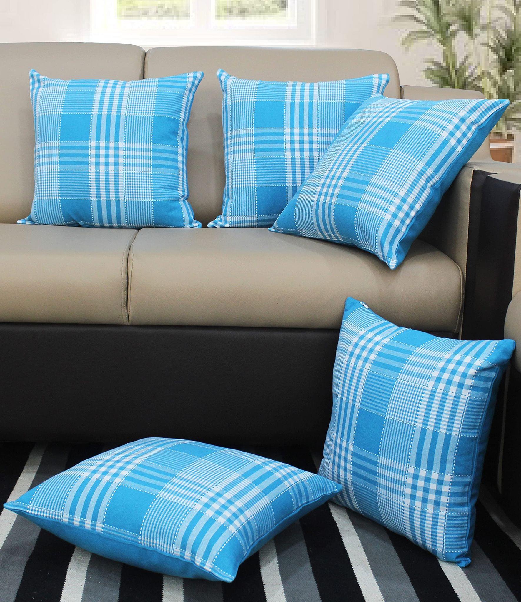 AIRWILL Cotton Track Dobby Sea Blue Themed Cushion Covers for Cushions & Pillows (Blue-White, Pack of 5)