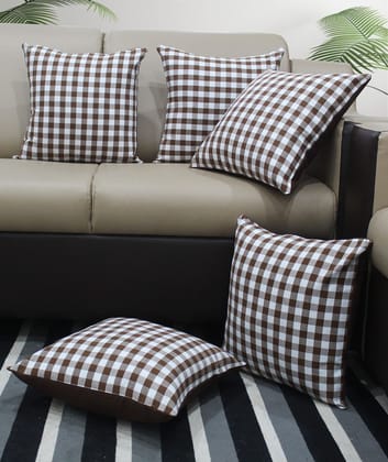 AIRWILL Cotton Gingham Check Brown Cushion Covers Cushions & Pillows (Brown, Pack of 5)
