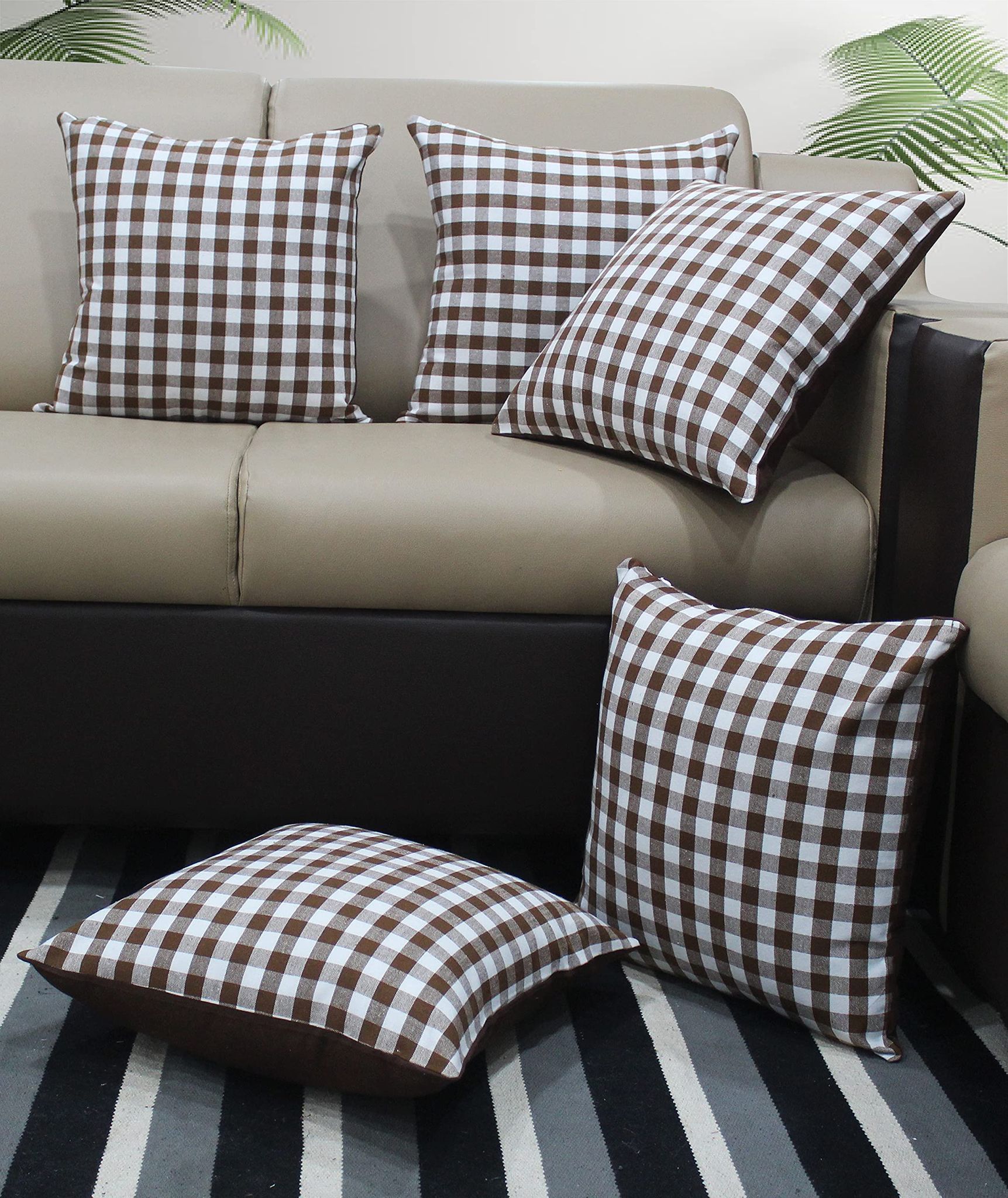 AIRWILL Cotton Gingham Check Brown Cushion Covers Cushions & Pillows (Brown, Pack of 5)