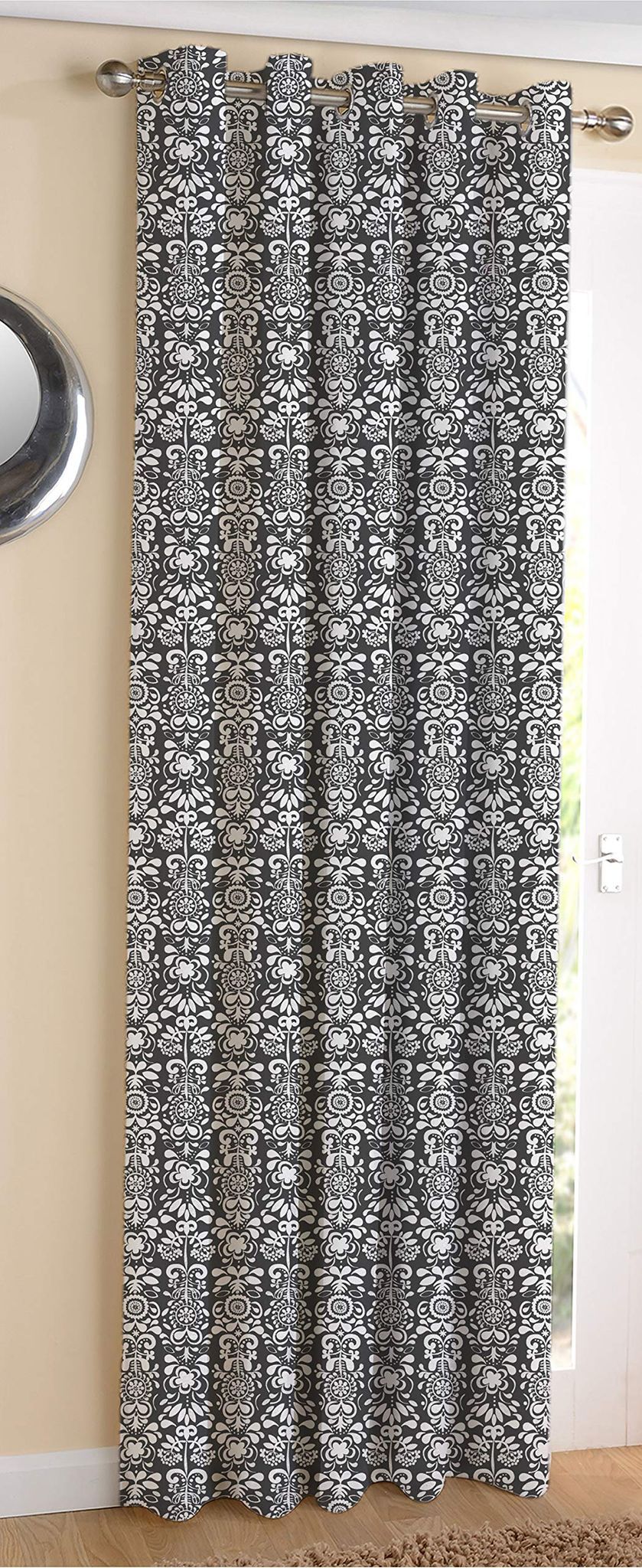 AIRWILL Cotton Grey Damask Designed Blackout and Room Darkening 5ft Window Curtains Pack of 1 pc. (Motif - Grey,Beige)