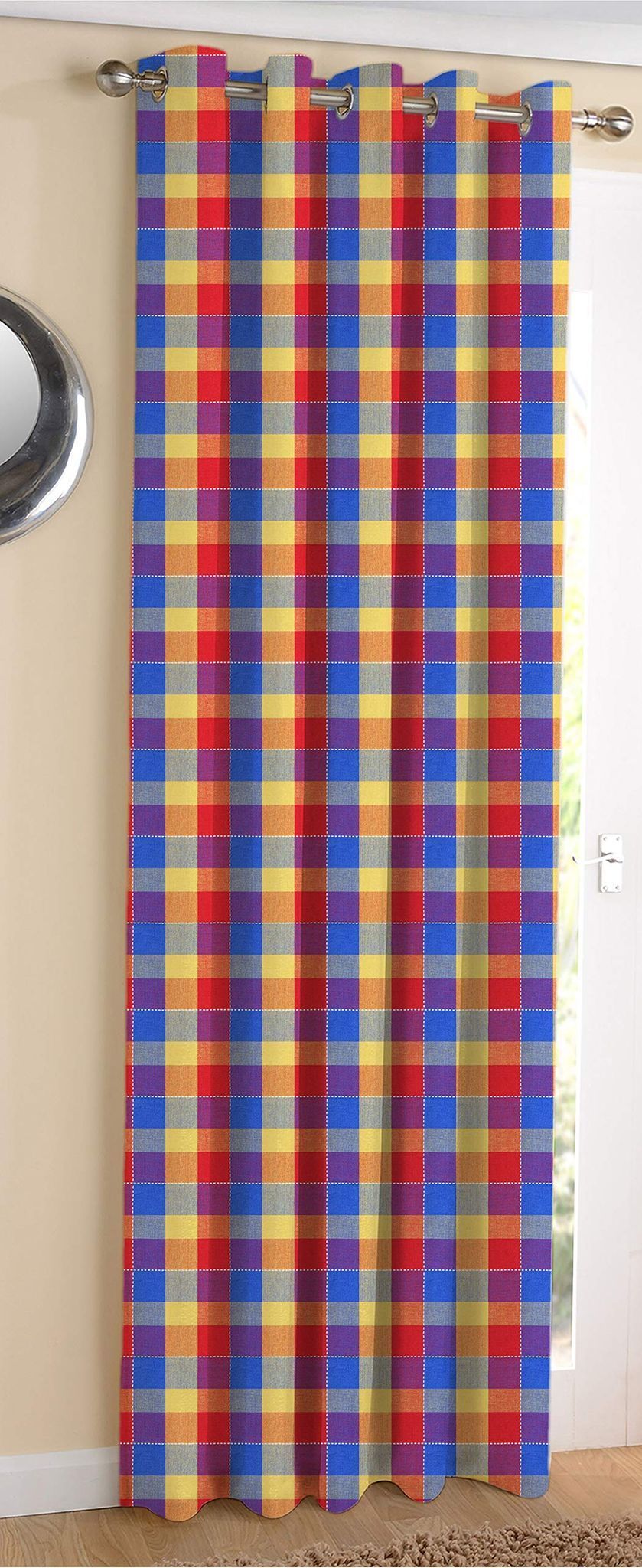 AIRWILL Cotton Addukkalm Designed Blackout and Room Darkening 5ft Window Curtains Pack of 1 pc. (Checks - Blue,Red,Yellow)