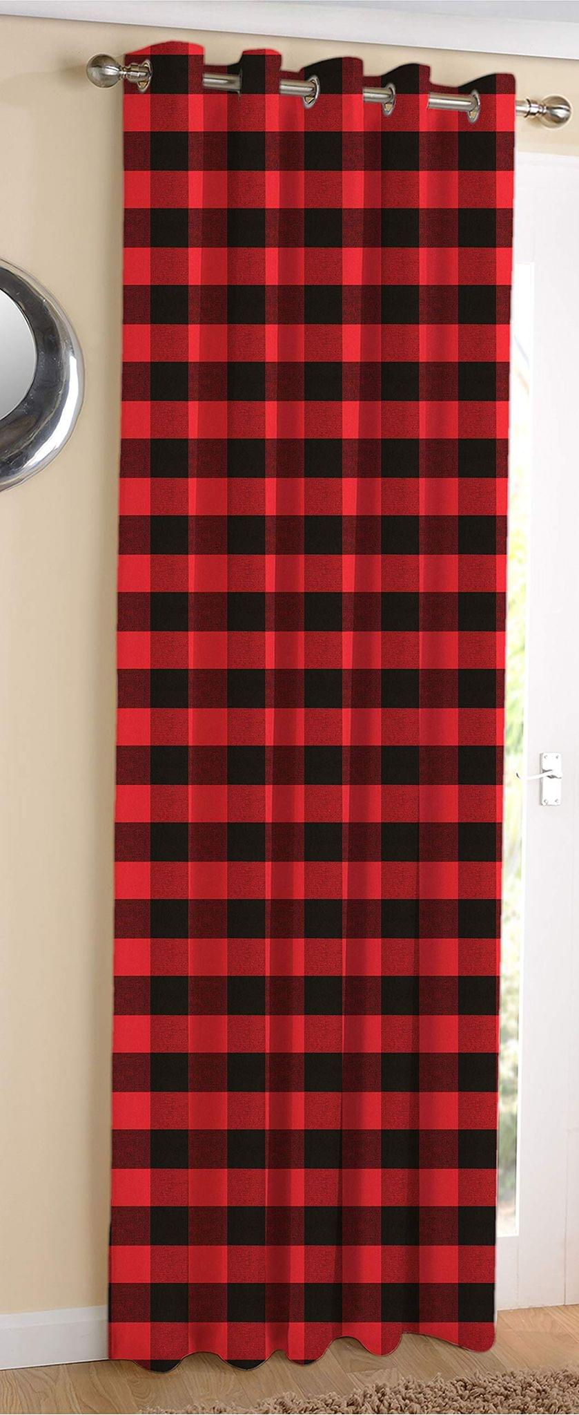 AIRWILL Cotton Big Check Designed Blackout and Room Darkening 5ft Window Curtains Pack of 1 pc. (Checks - Black,Red)
