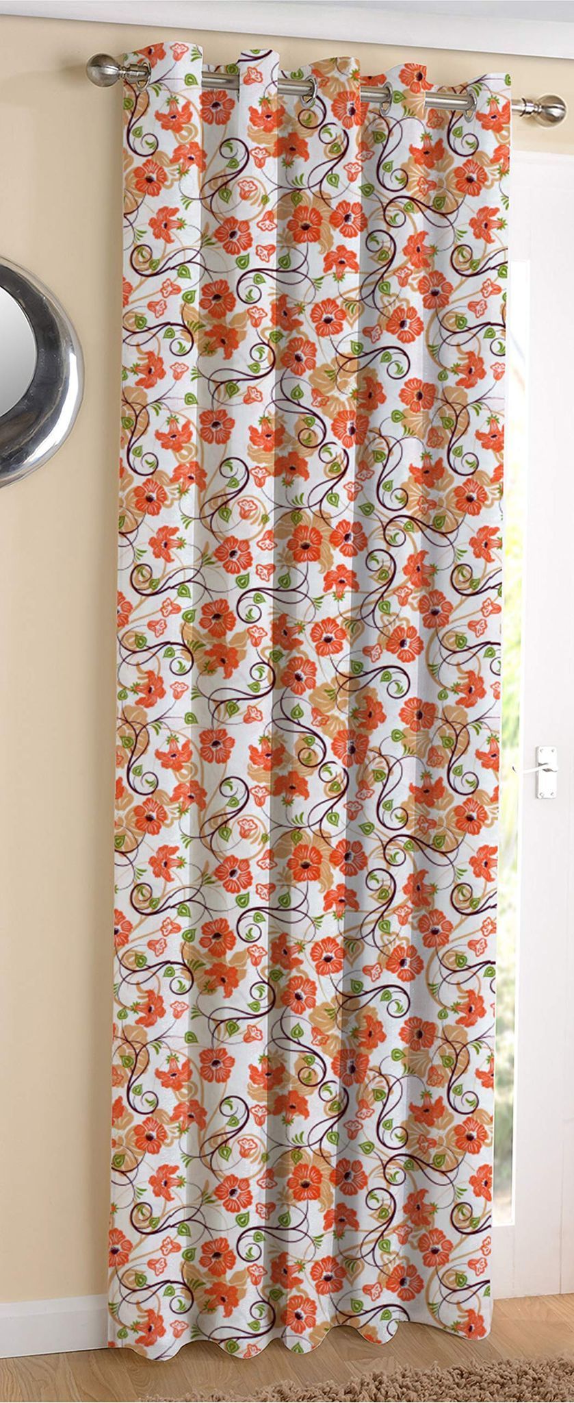 AIRWILL Cotton Orange Flower Designed Blackout and Room Darkening 5ft Window Curtains Pack of 1 pc. (Floral - Orange,Green)