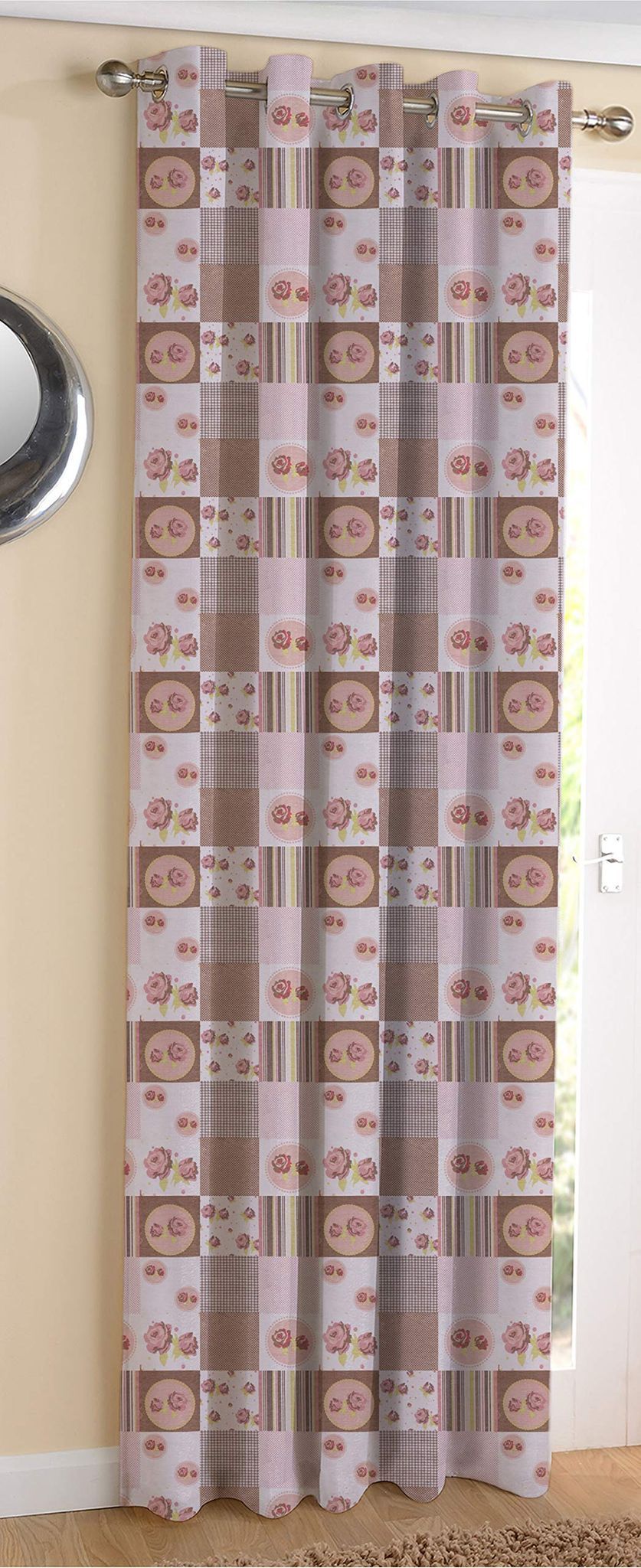 AIRWILL Cotton Check Flower Designed Blackout and Room Darkening 7ft Door Curtains Pack of 1 pc. (Floral - Pink,Grey)