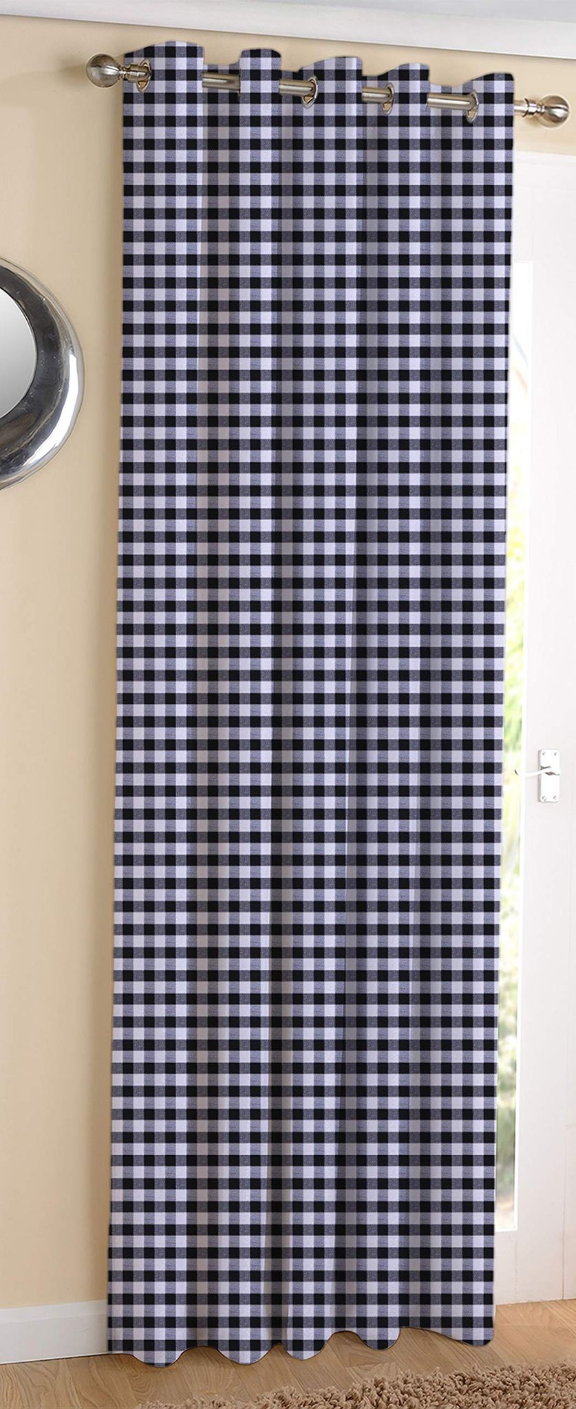AIRWILL Cotton Gingham Check Black Designed Blackout and Room Darkening 7ft Door Curtains Pack of 1 pc. (Checks - Black)