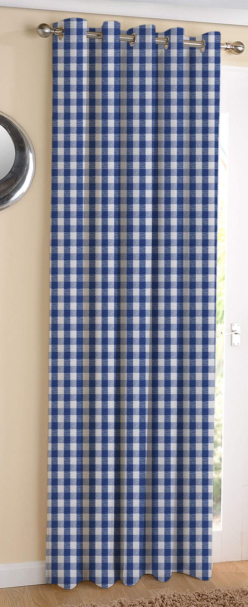 AIRWILL Cotton Gingham Check Blue Designed Blackout and Room Darkening Door Checks Curtains (7ft, Blue)