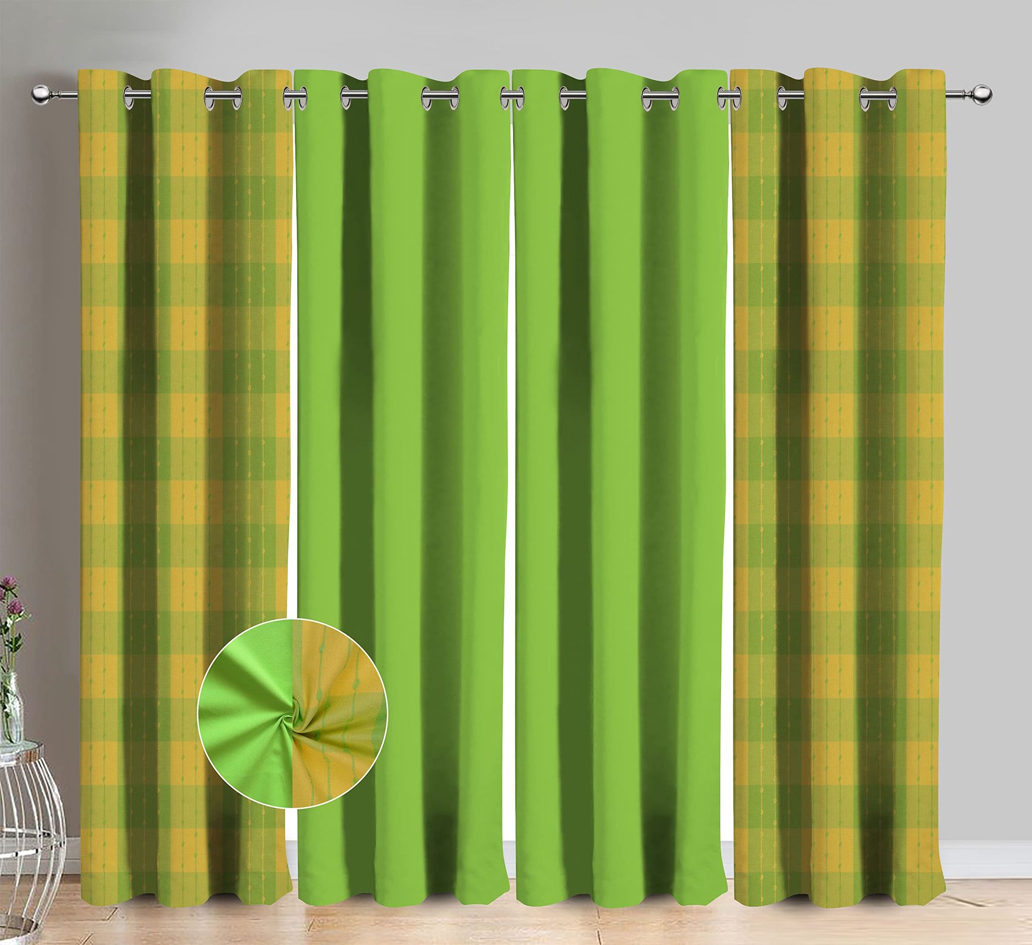 AIRWILL Cotton Beast Dobby Green Checkered & Solid Pattern Door Curtains 214 / 7ft Length - (Green, Pack of 4)