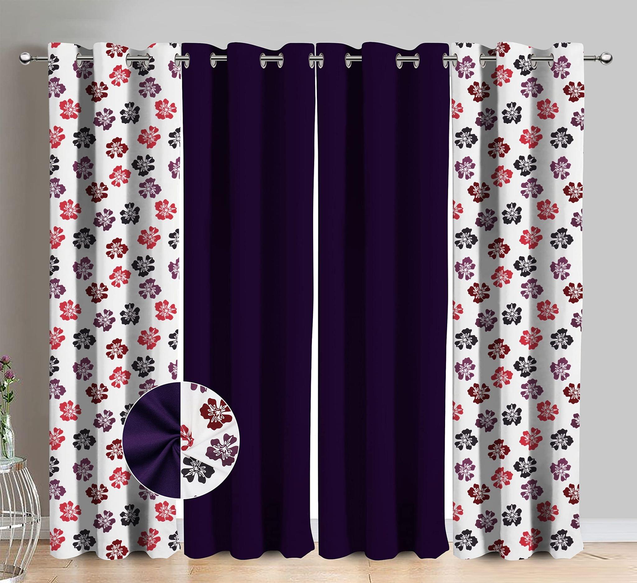 AIRWILL Cotton Indian Flower Floral & Solid Pattern Door Curtains 214 / 7ft Length - (Purple, Pack of 4)