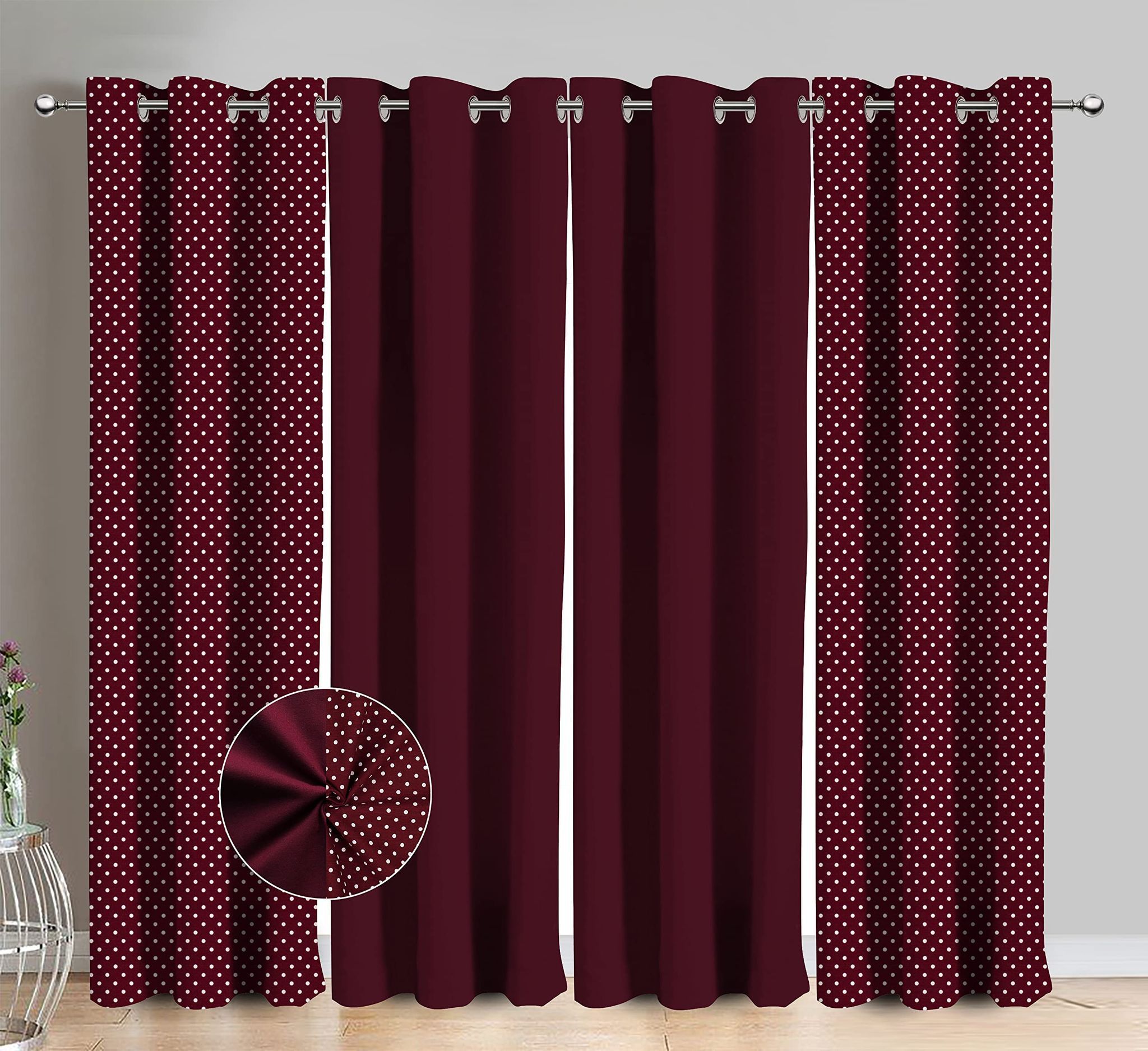 AIRWILL Cotton Maroon Polka Dot Polka & Solid Pattern Door Curtains 214 / 7ft Length - (Maroon, Pack of 4)