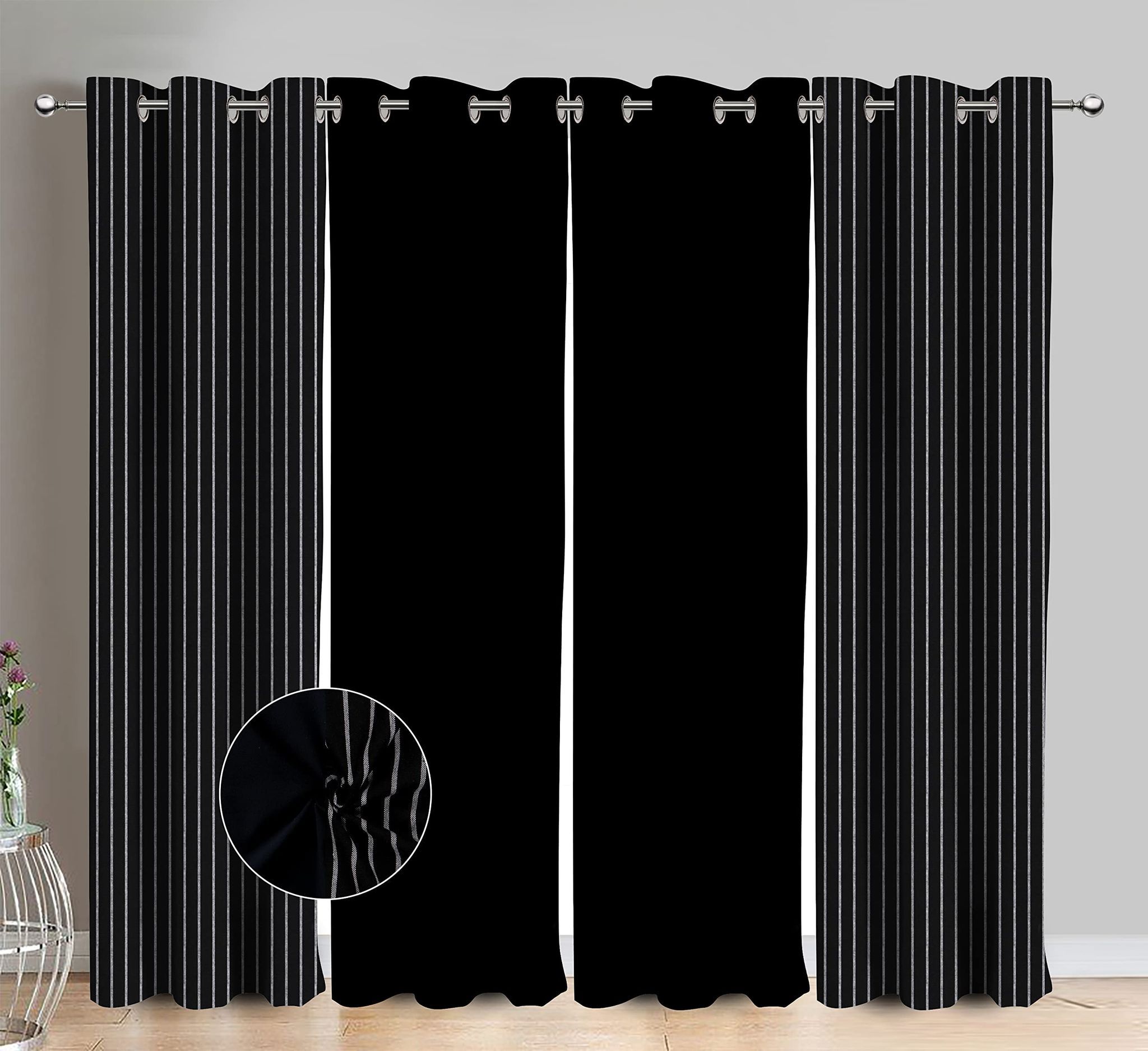 AIRWILL Cotton Candy Stripe Black Striped & Solid Pattern Door Curtains 214 / 7ft Length - (Black, Pack of 4)