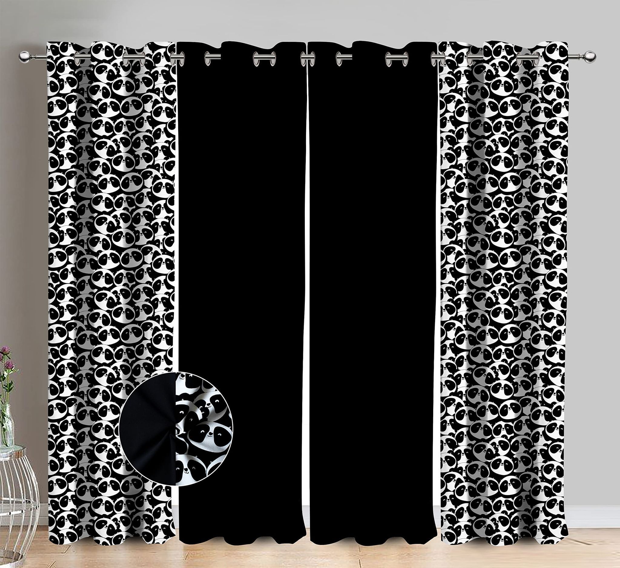 AIRWILL Cotton Panda Cartoon & Solid Pattern Door Curtains 214 / 7ft Length - (Black, Pack of 4)