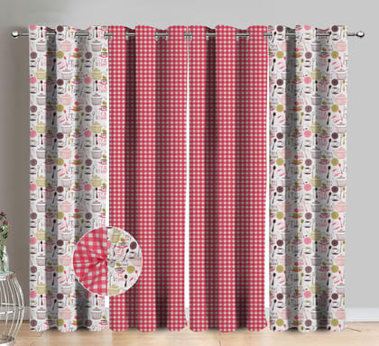 AIRWILL Cotton Check Flower Printed & Solid Pattern Door Curtains 214 / 7ft Length - (Pink, Pack of 4)