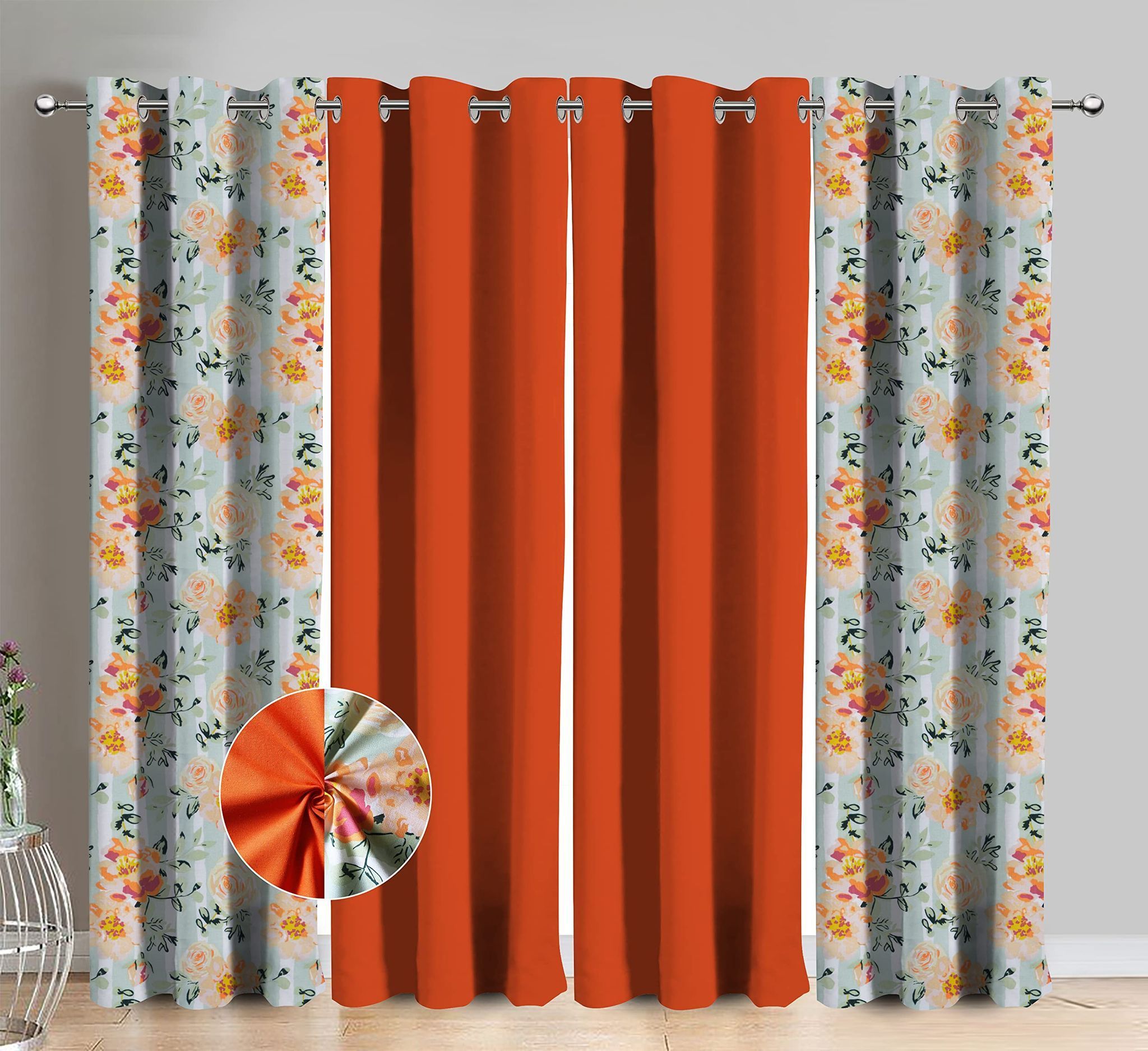 AIRWILL Cotton Orange Flower Floral & Solid Pattern Door Curtains 214 / 7ft Length - (Orange, Pack of 4)