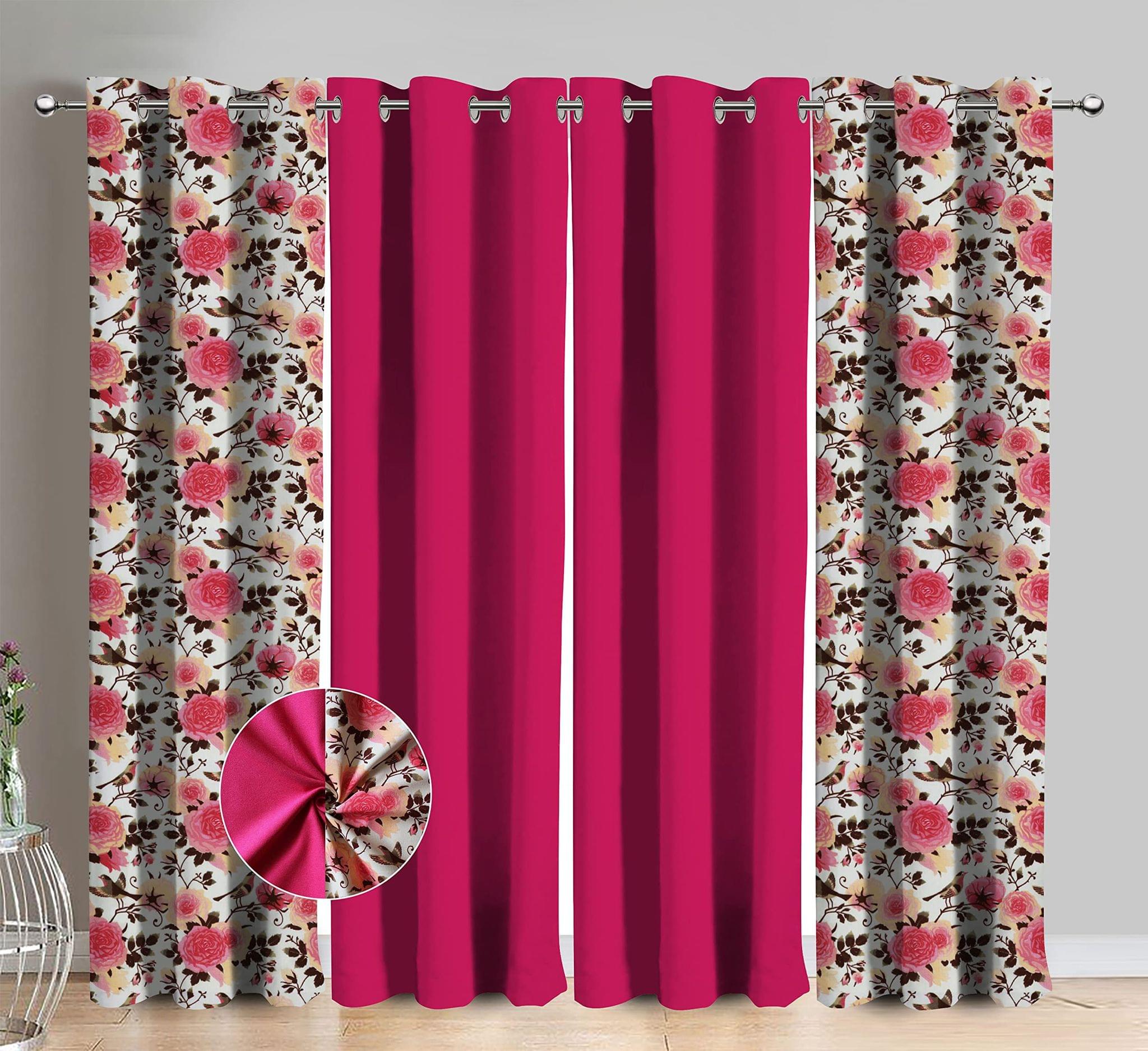 AIRWILL Cotton Small Pink Rose Floral & Solid Pattern Door Curtains 214 / 7ft Length - (Pink, Pack of 4)