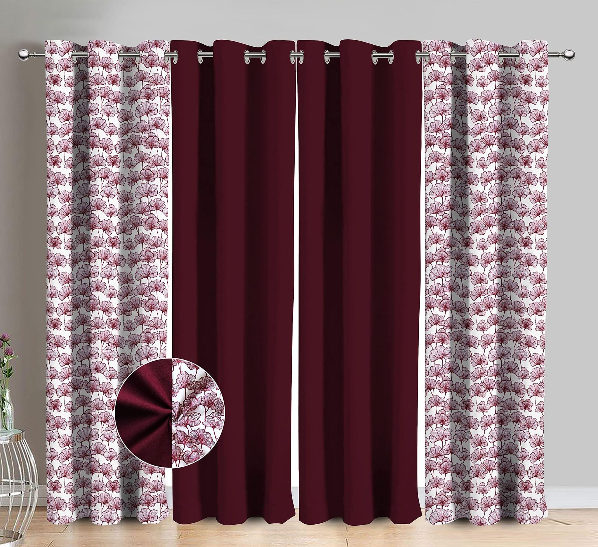 AIRWILL Cotton Single Leaf Maroon Floral & Solid Pattern Door Curtains 214 / 7ft Length - (Maroon, Pack of 4)
