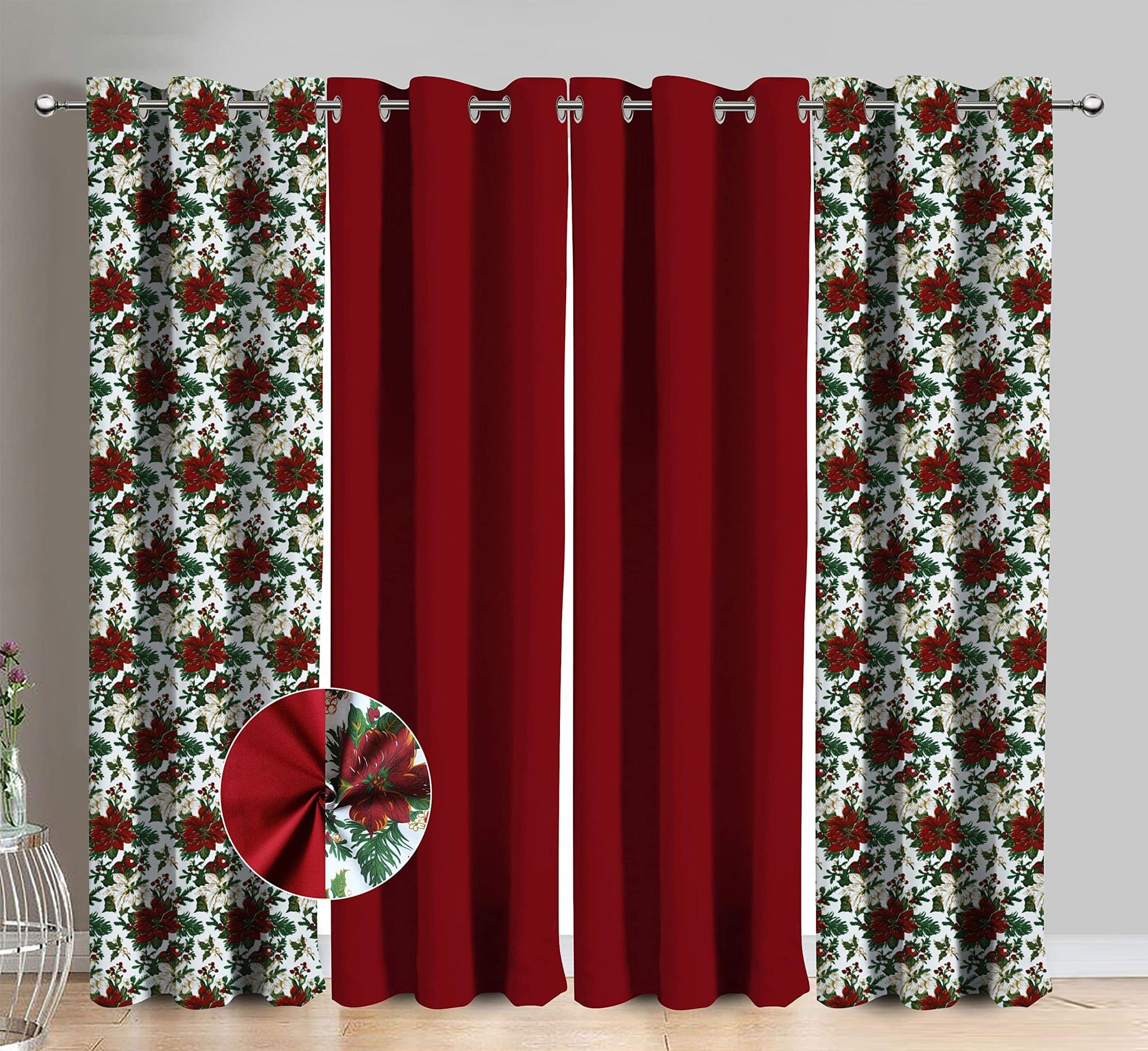 AIRWILL Cotton Maroon Flower Floral & Solid Pattern Door Curtains 214 / 7ft Length - (Red, Pack of 4)