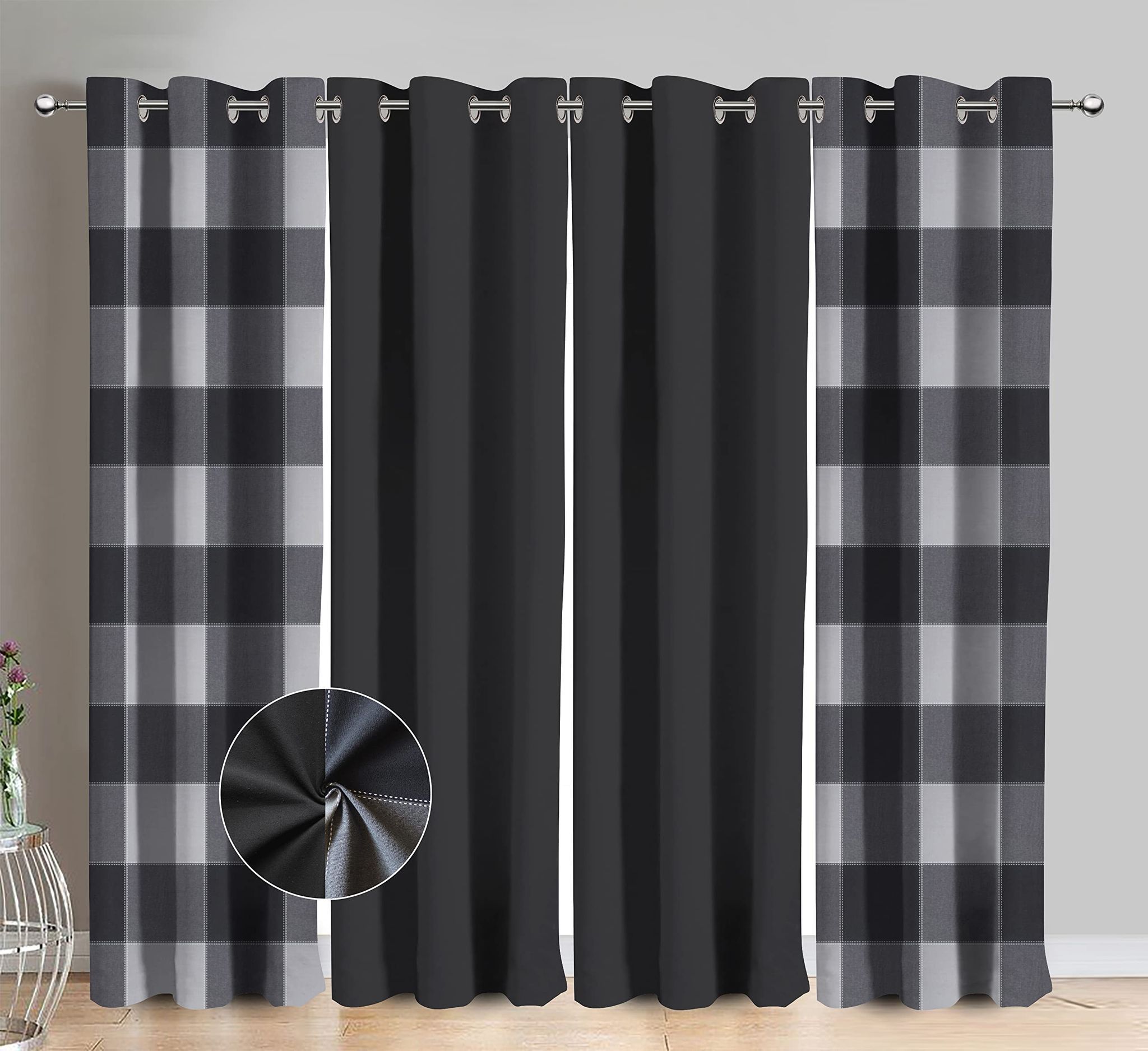 AIRWILL Cotton Lanfranki Gray Checkered & Solid Pattern Door Curtains 214 / 7ft Length - (Grey, Pack of 4)
