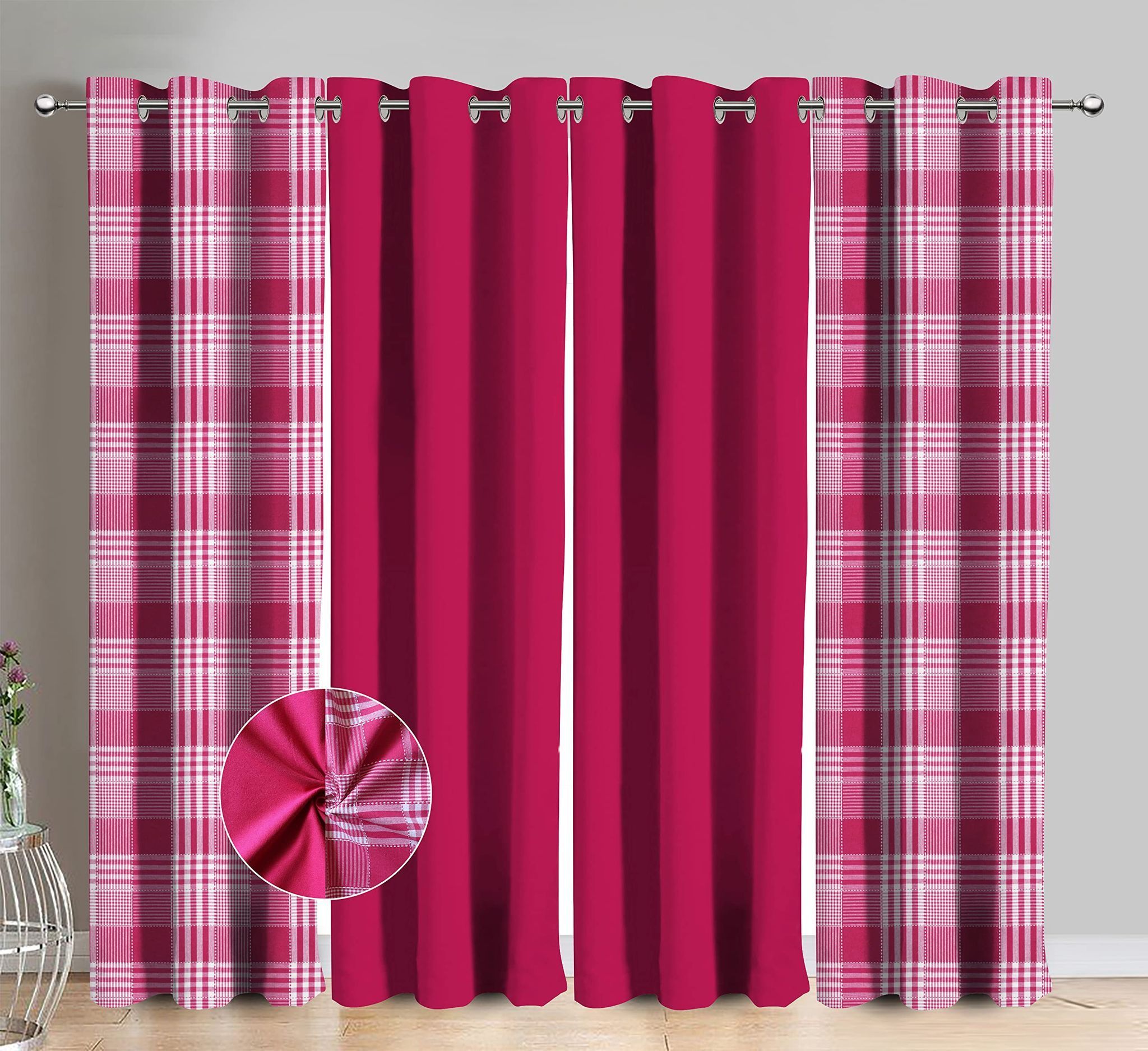 AIRWILL Cotton Track Dobby Pink Checkered & Solid Pattern Door Curtains 214 / 7ft Length - (Pink, Pack of 4)