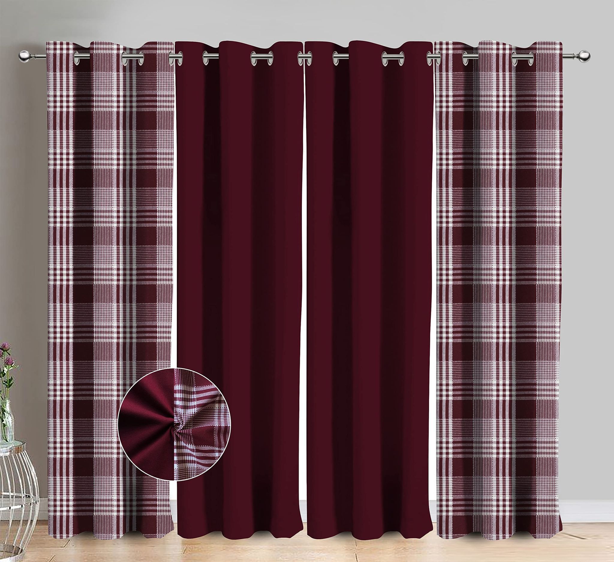 AIRWILL Cotton Track Dobby Maroon Checkered & Solid Pattern Door Curtains 214 / 7ft Length - (Maroon, Pack of 4)