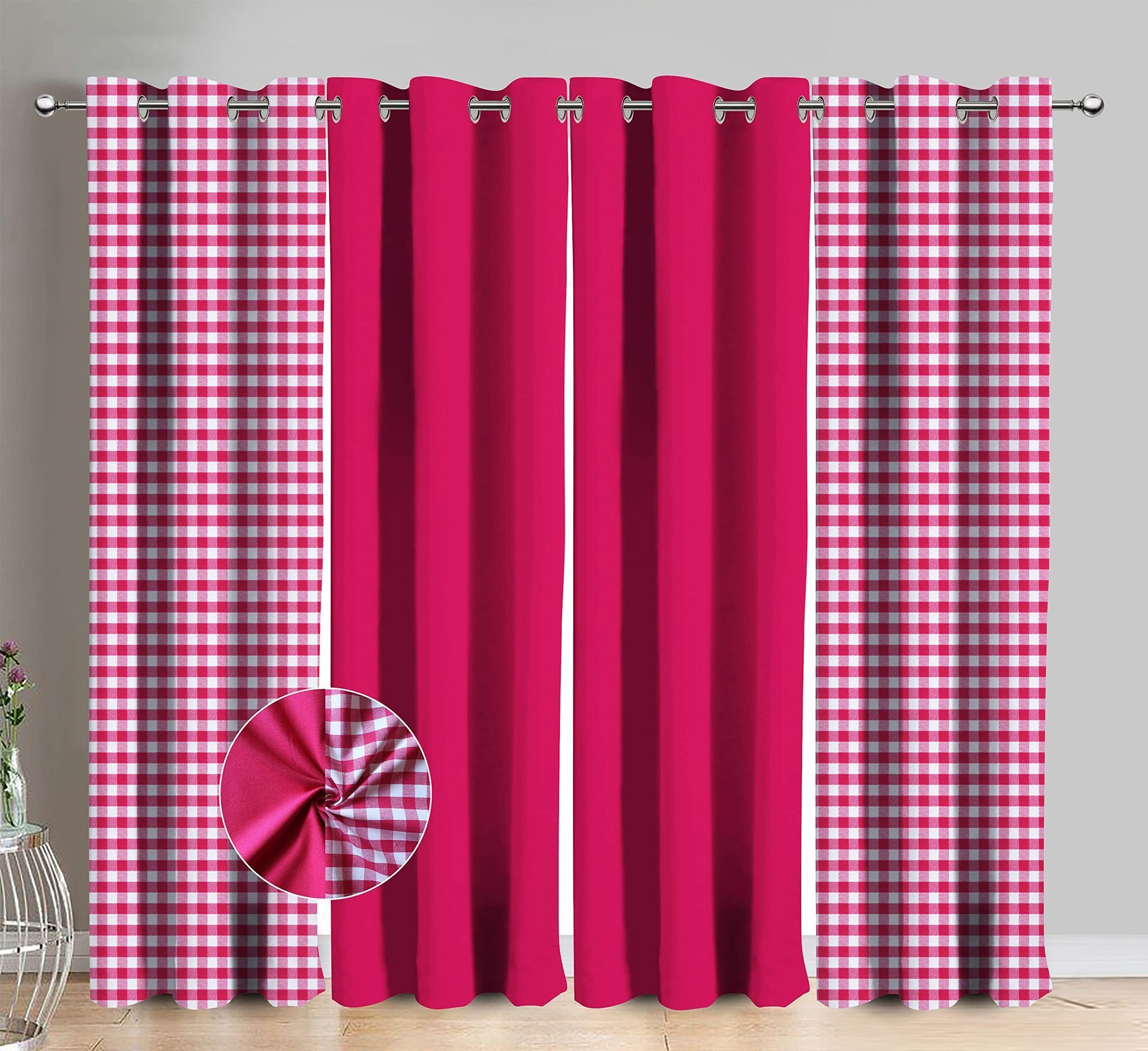 AIRWILL Cotton Gingham Check Pink Checkered & Solid Pattern Door Curtains 214 / 7ft Length - (Pink, Pack of 4)