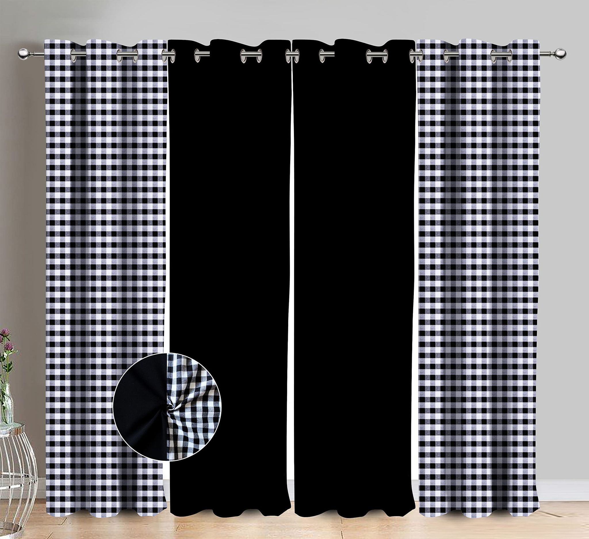 AIRWILL Cotton Gingham Check Black Checkered & Solid Pattern Door Curtains 214 / 7ft Length - (Black, Pack of 4)