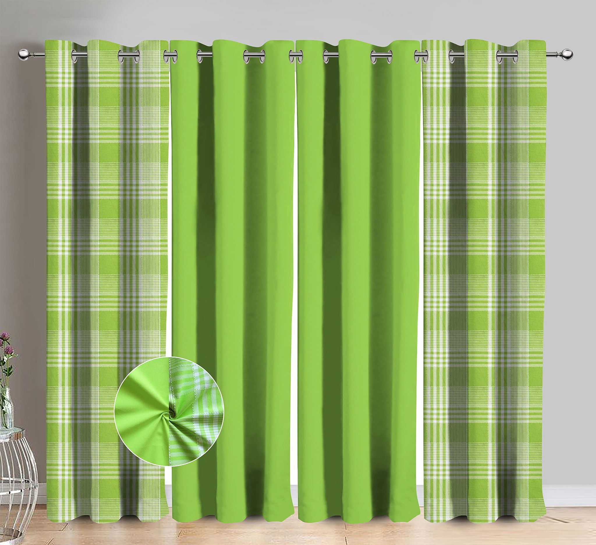 AIRWILL Cotton Track Dobby Green Checkered & Solid Pattern Door Curtains 214 / 7ft Length - (Green, Pack of 4)