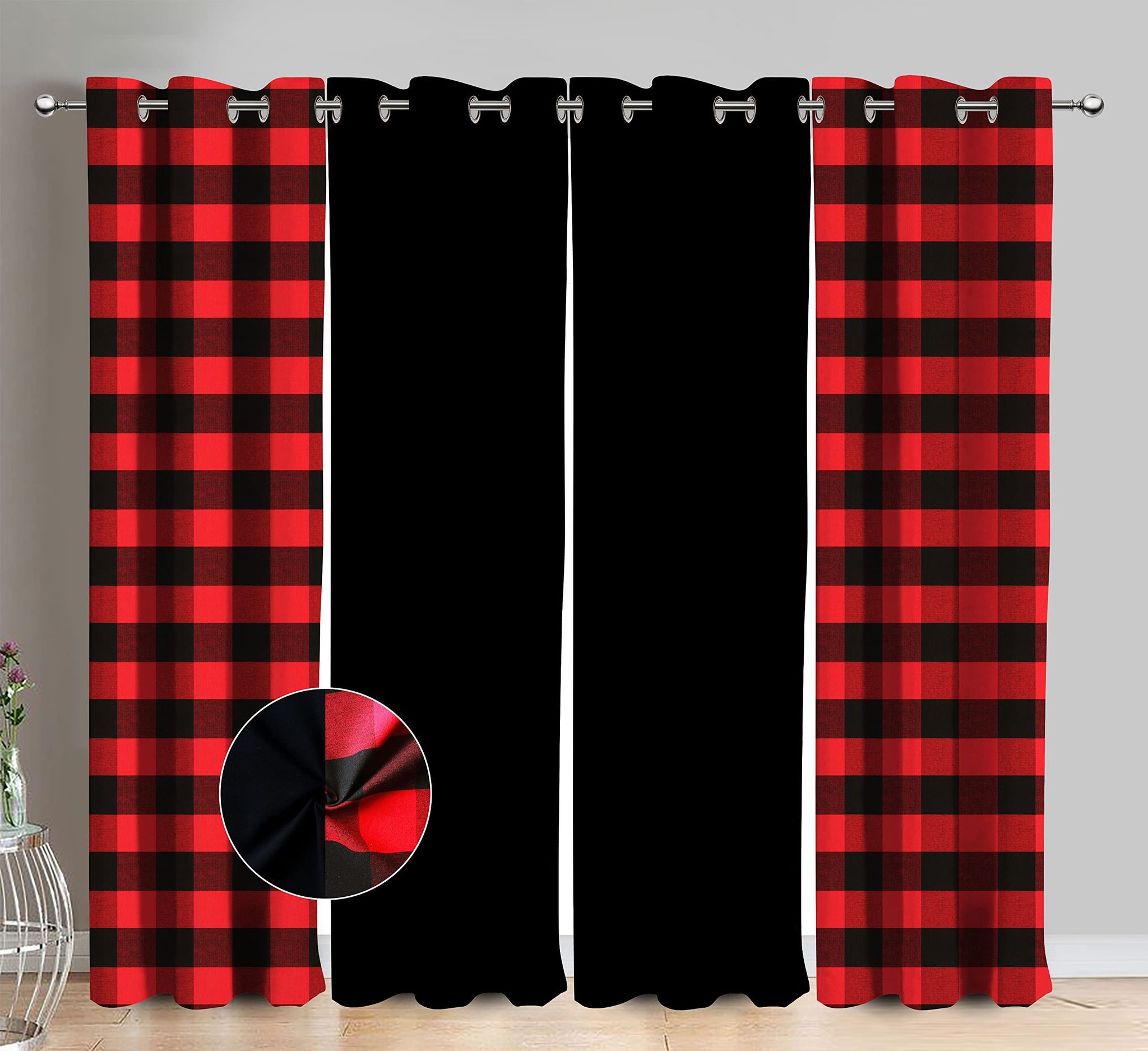 AIRWILL Cotton Checkered & Solid Pattern Door Curtains 214 / 7ft Length - (Red, Pack of 4)