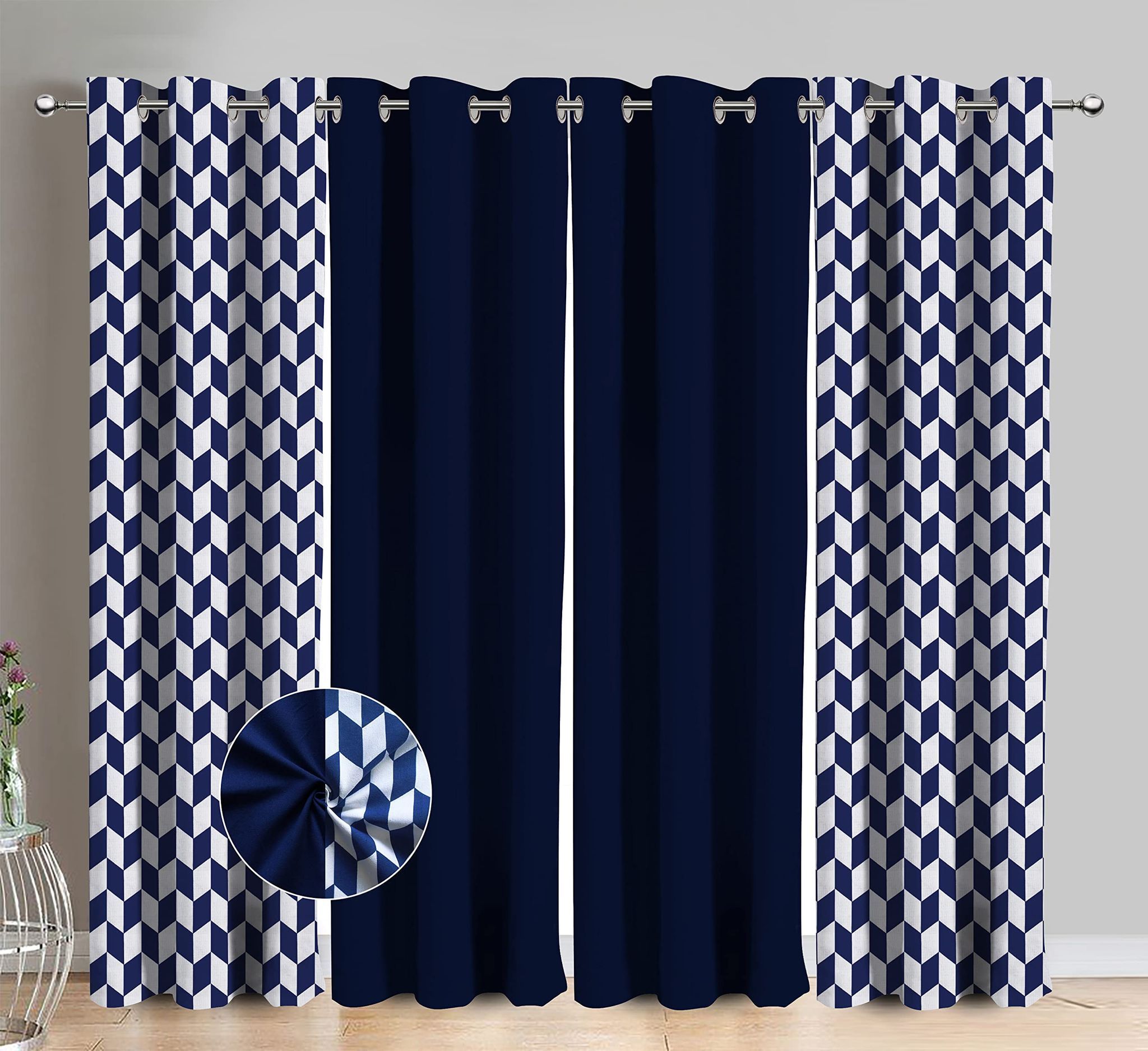 AIRWILL Cotton Classic Diamond Sea Blue Geometric & Solid Pattern Door Curtains 214 / 7ft Length - (Blue, Pack of 4)