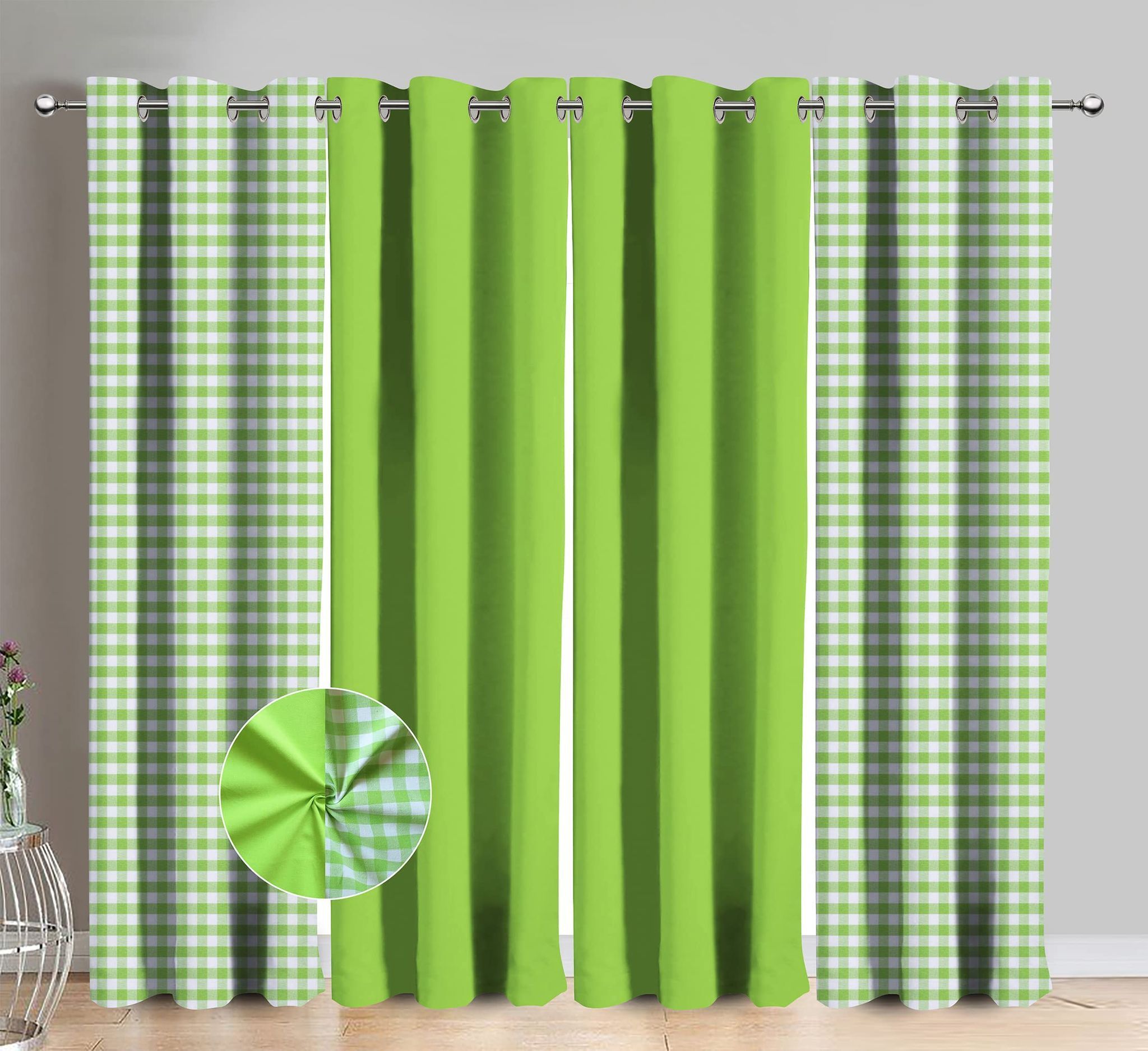 AIRWILL Cotton Gingham Check Green Checkered & Solid Pattern Door Curtains 214 / 7ft Length - (Green, Pack of 4)