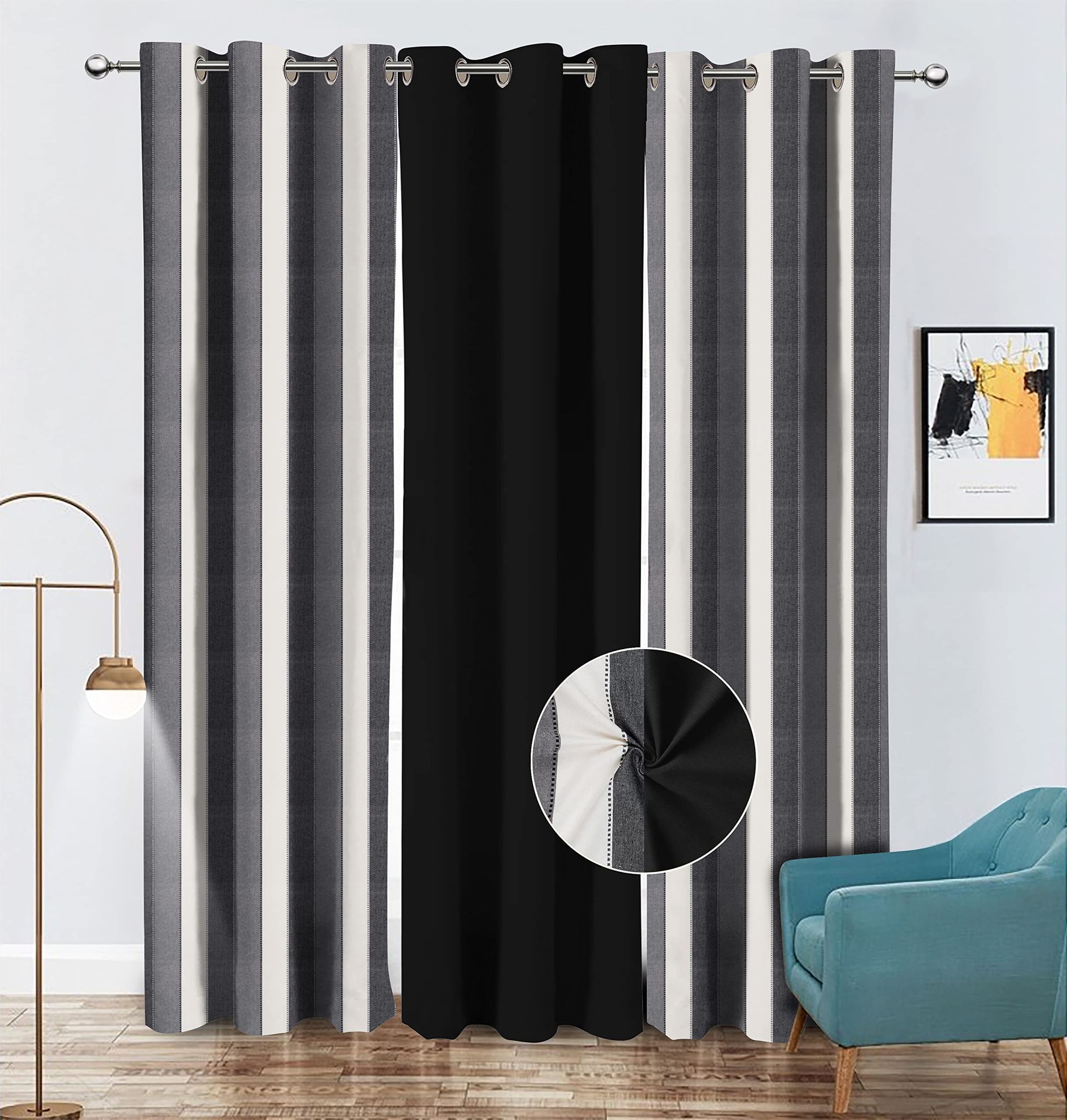 AIRWILL Cotton Striped & Solid Pattern Door Curtains 214cm / 7ft - (Black, Pack of 3)