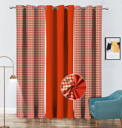 AIRWILL Cotton Checkered & Solid Pattern Door Curtains 214cm / 7ft - (Orange, Pack of 3)