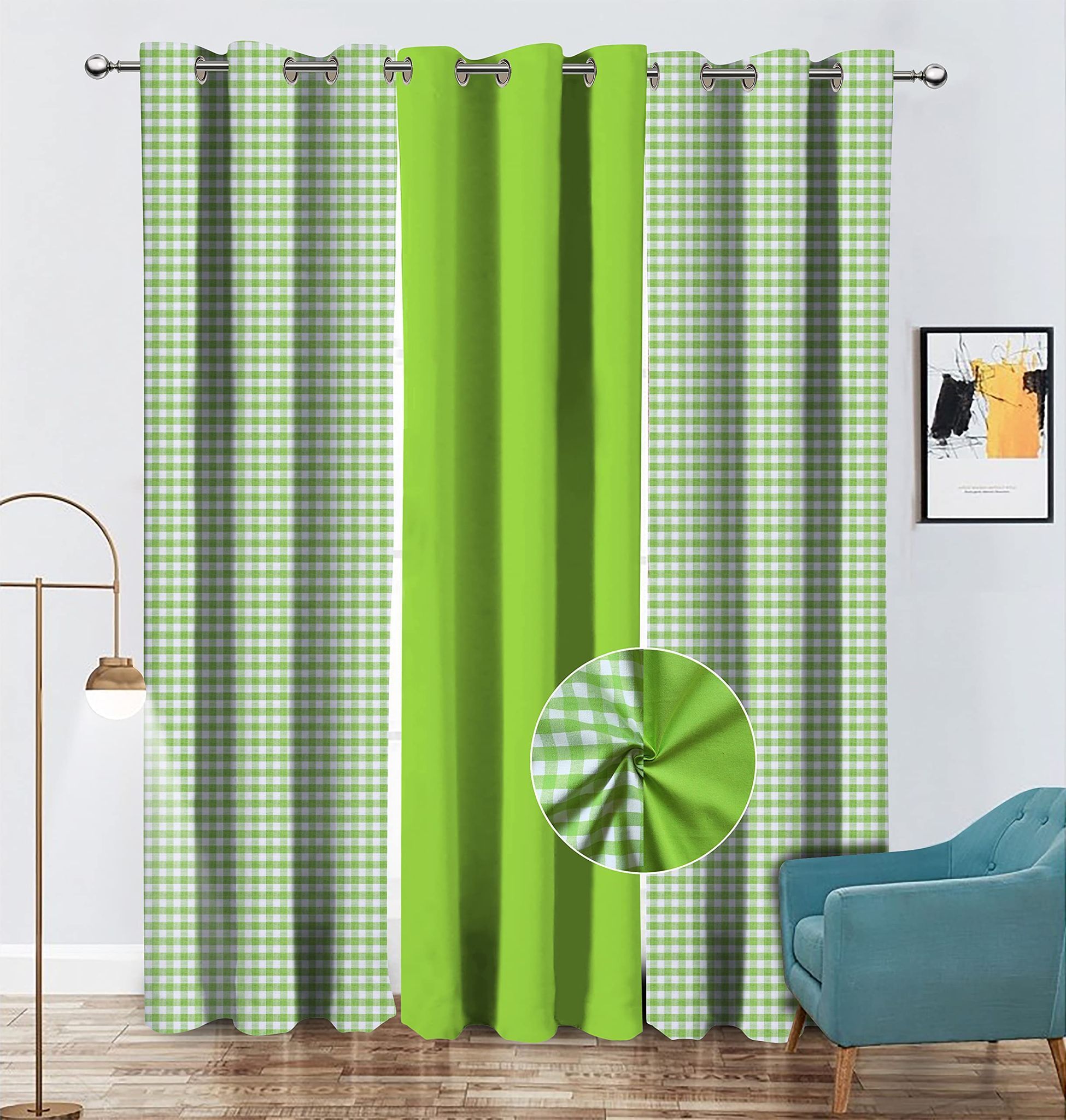 AIRWILL Cotton Checkered & Solid Pattern Door Curtains 214cm / 7ft - (Green, Pack of 3)