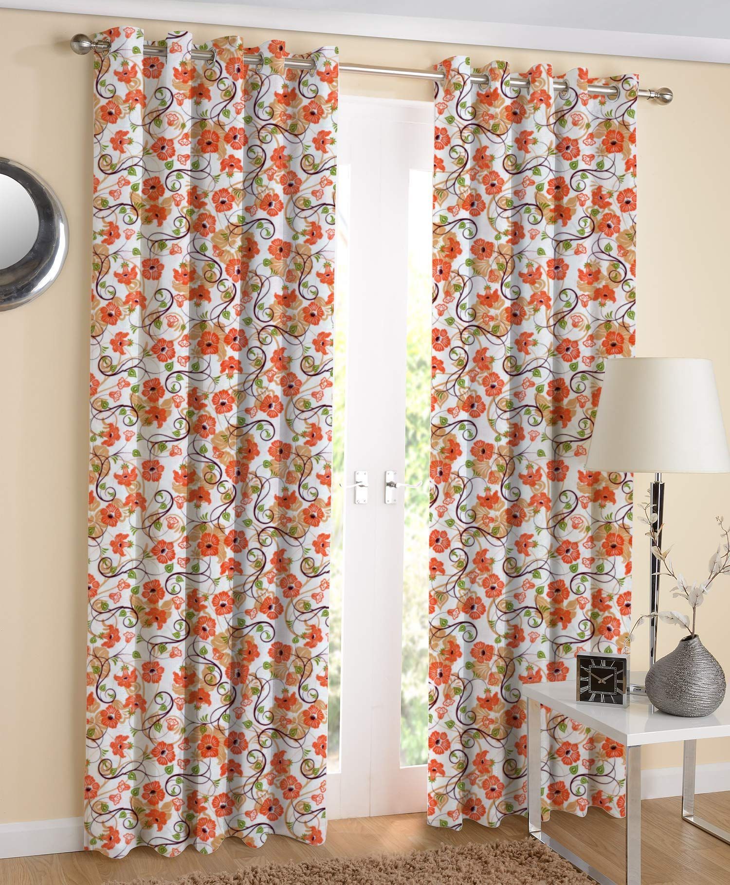 AIRWILL Cotton Floral Door Curtain, 4x7ft, Orange, Pack of 2