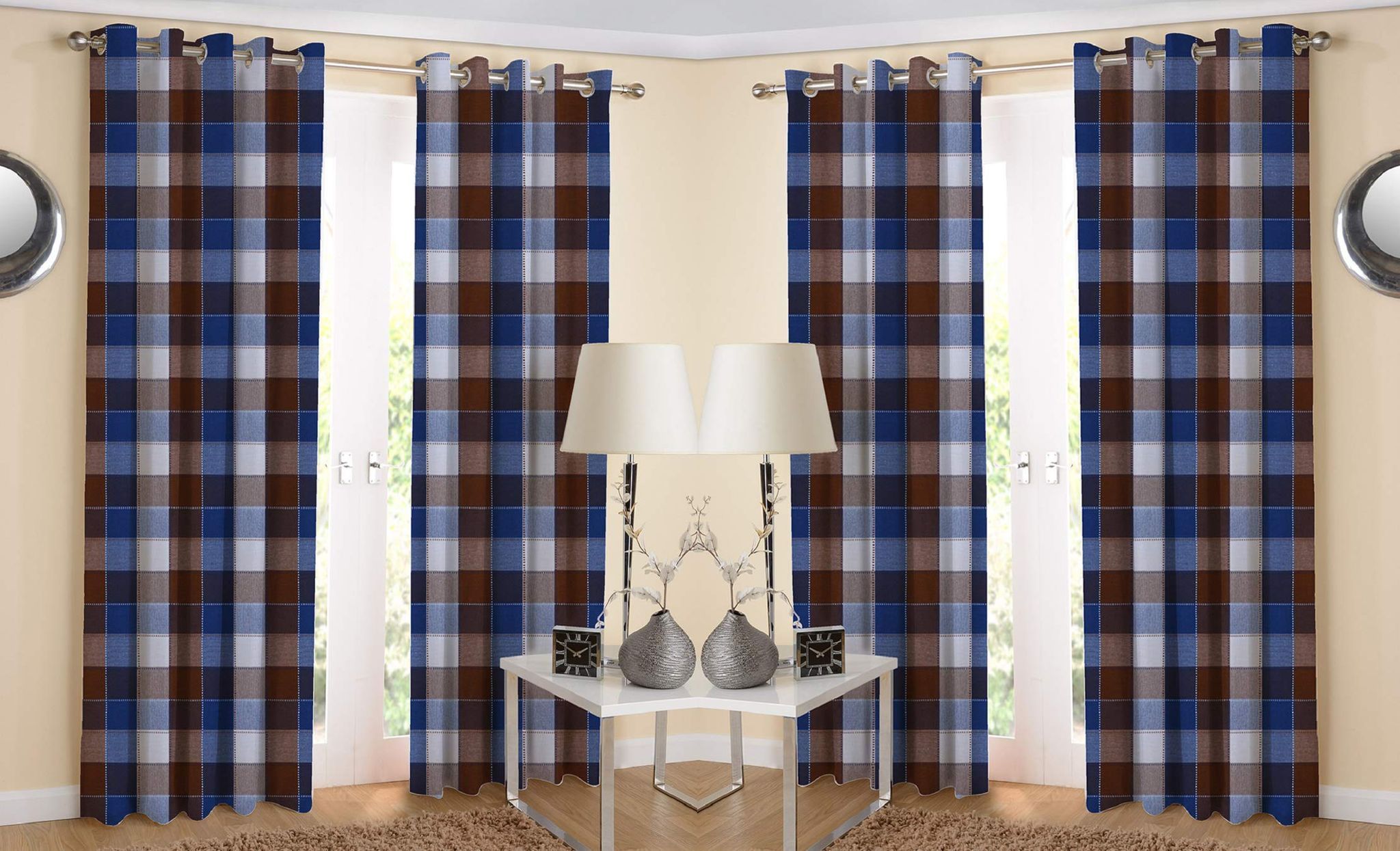 AIRWILL Cotton Eyeleted Door Curtains, Blue/Brown/White, 4ft in Width and 7ft Length - Pack of 4 Pieces