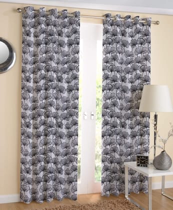 AIRWILL Cotton Floral Grommet Eyelet Curtain, 120 X 210 cm, Black, Pack of 2