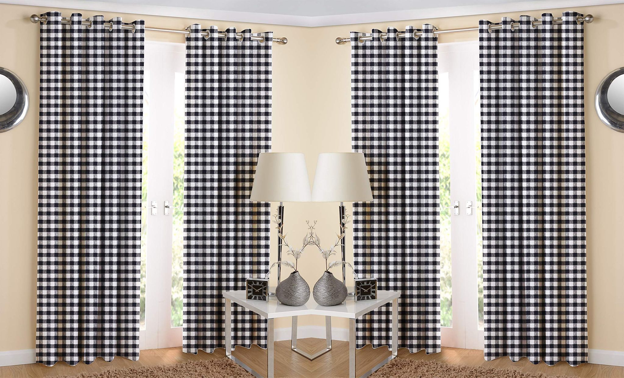 AIRWILL Self Design Cotton 4 Width and 7 ft Eyeleted Door Length Curtain (Black) - Pack of 4 Pieces