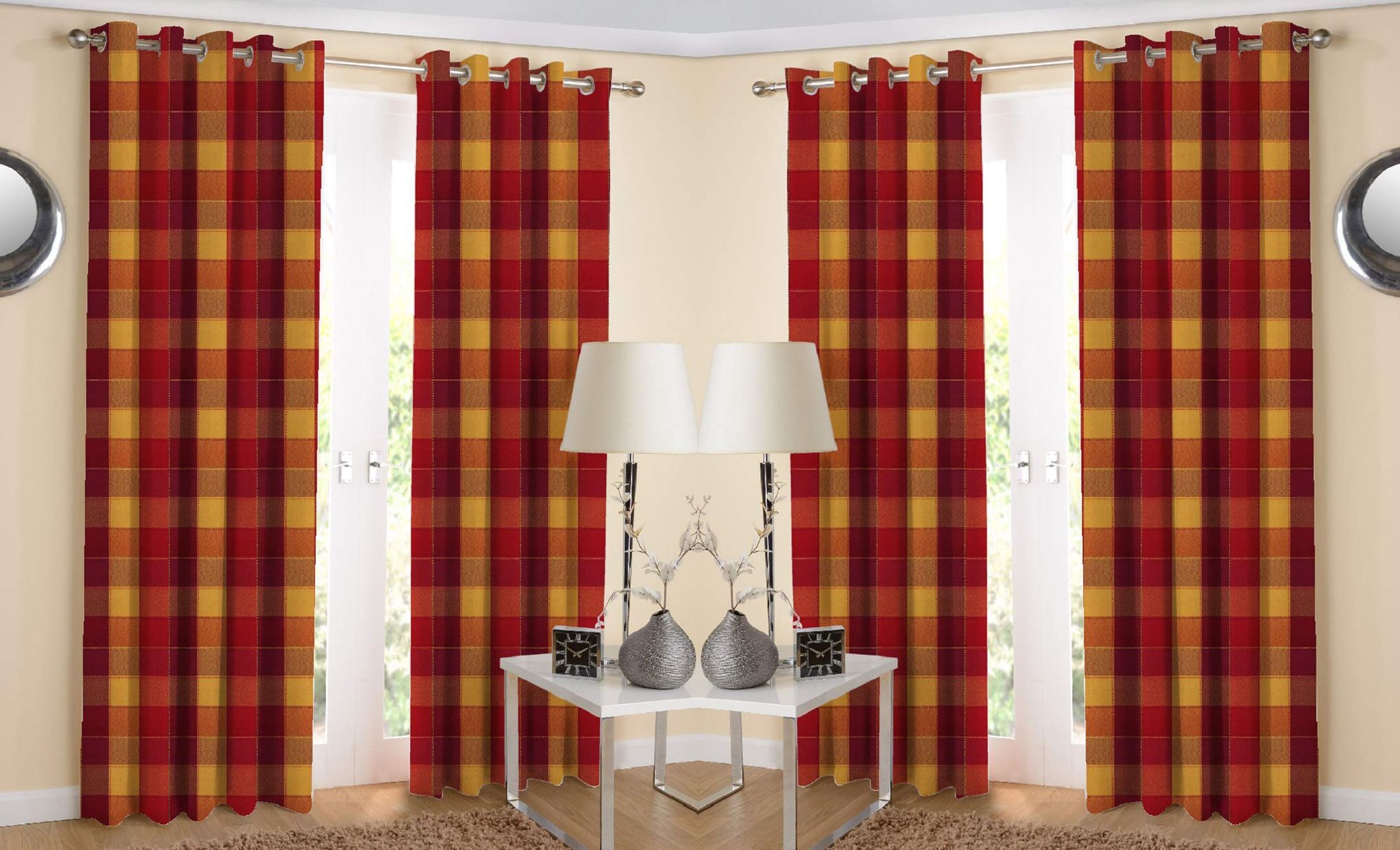AIRWILL Cotton Eyeleted Door Curtains, Red, 4 x 7 ft - Pack of 4 Pieces.