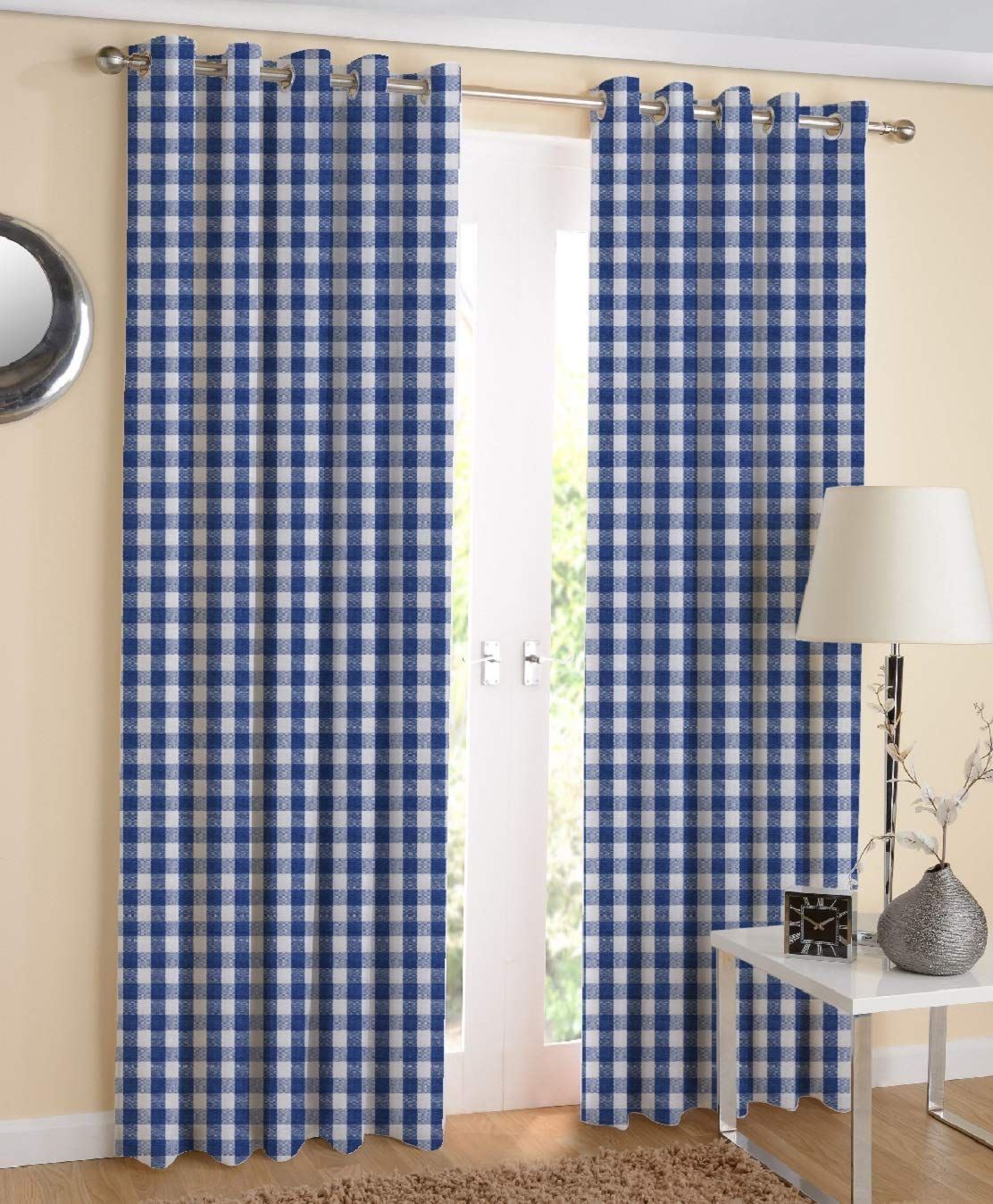 AIRWILL Cotton Checkered Grommet Door Curtain (Blue and White, 4 X 7 ft) - Pack of 2