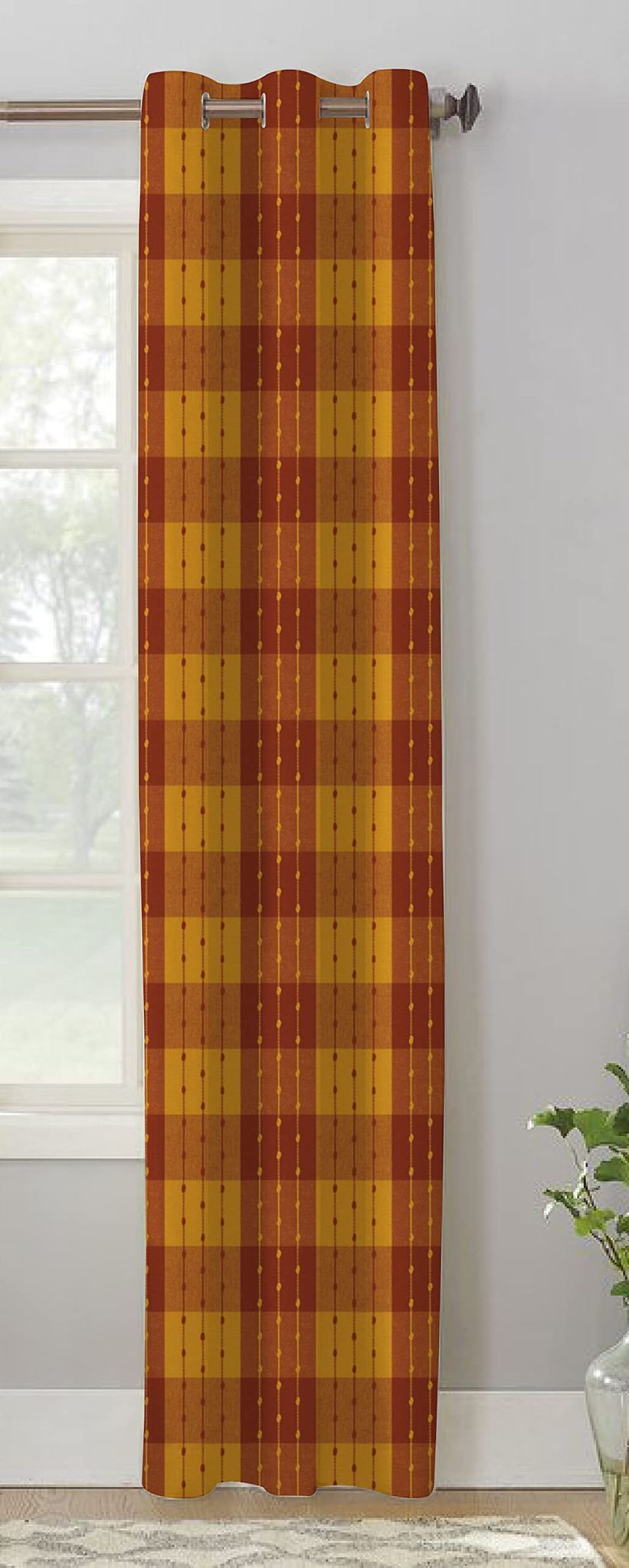 AIRWILL Cotton Beast Maroon Designed Checkered Pattern Door - 4x7ft Curtains - (Pack of 1 pc) - Maroon, Yellow