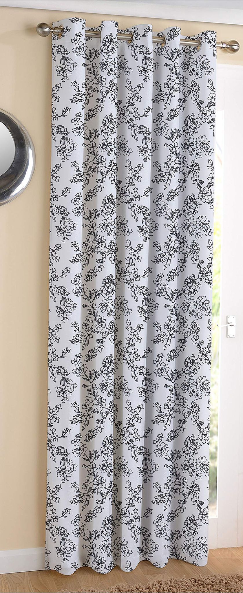 AIRWILL Cotton Pencil Flower Designed Blackout and Room Darkening 7ft Door Curtains Pack of 1 pc. (Floral - Black)